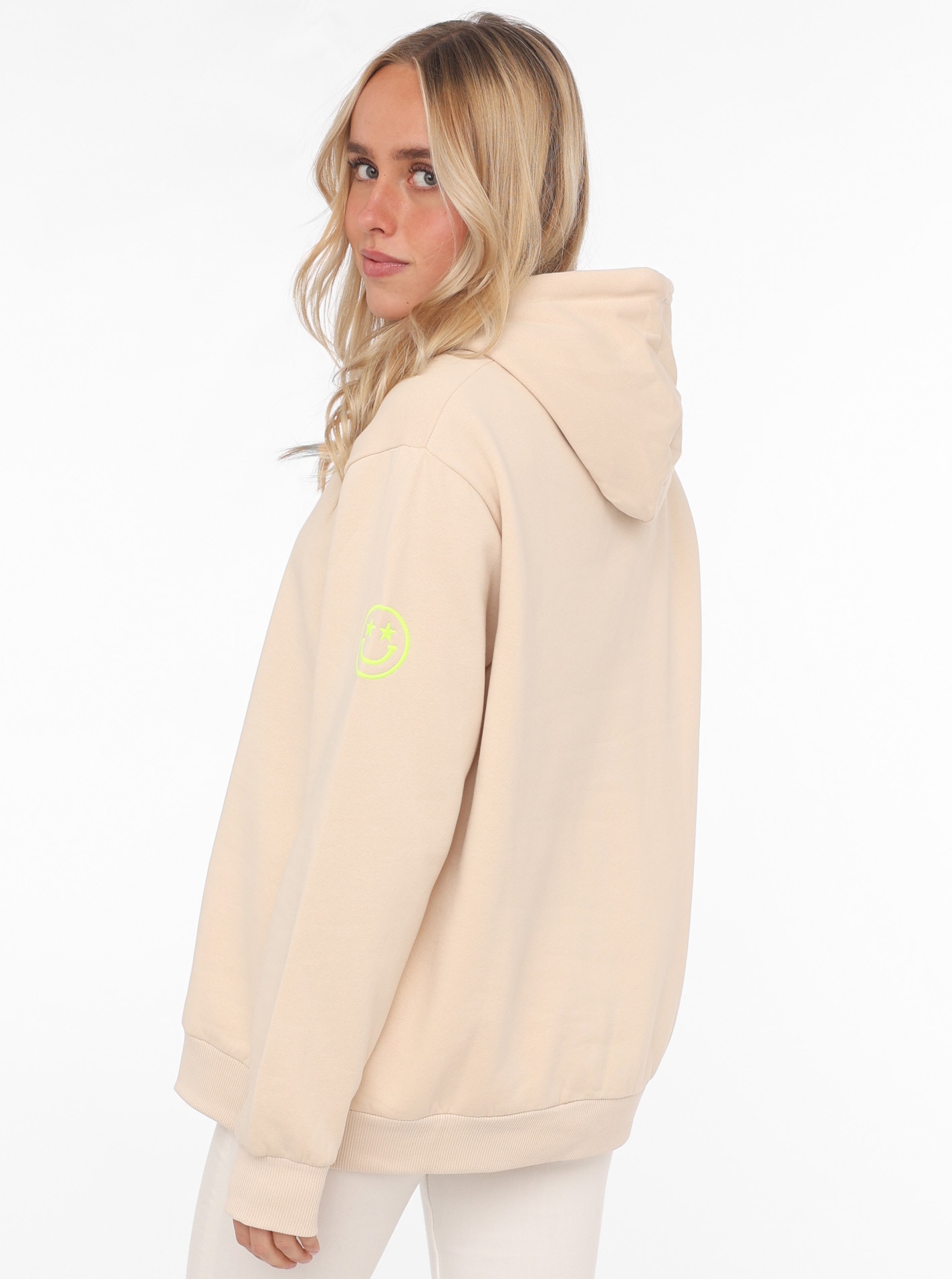 Zwillingsherz Sweatshirt gestickter Schriftzug, Kapuze, Langarm, Kängurutasche, Neon-Details