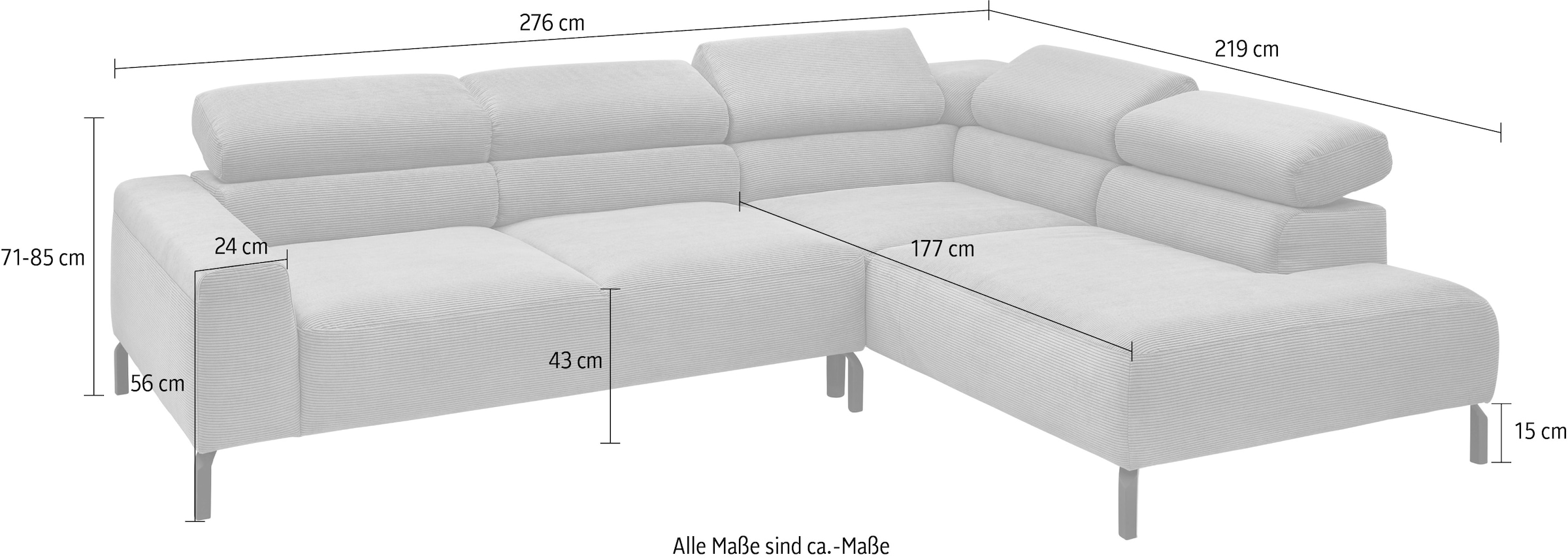 Home affaire Canapé d'angle »Antonelli, L-Form,  inkl. Kopfteilverstellung, Breite 276 cm« ohne Sitztiefenverstellung, in Cord, taupe