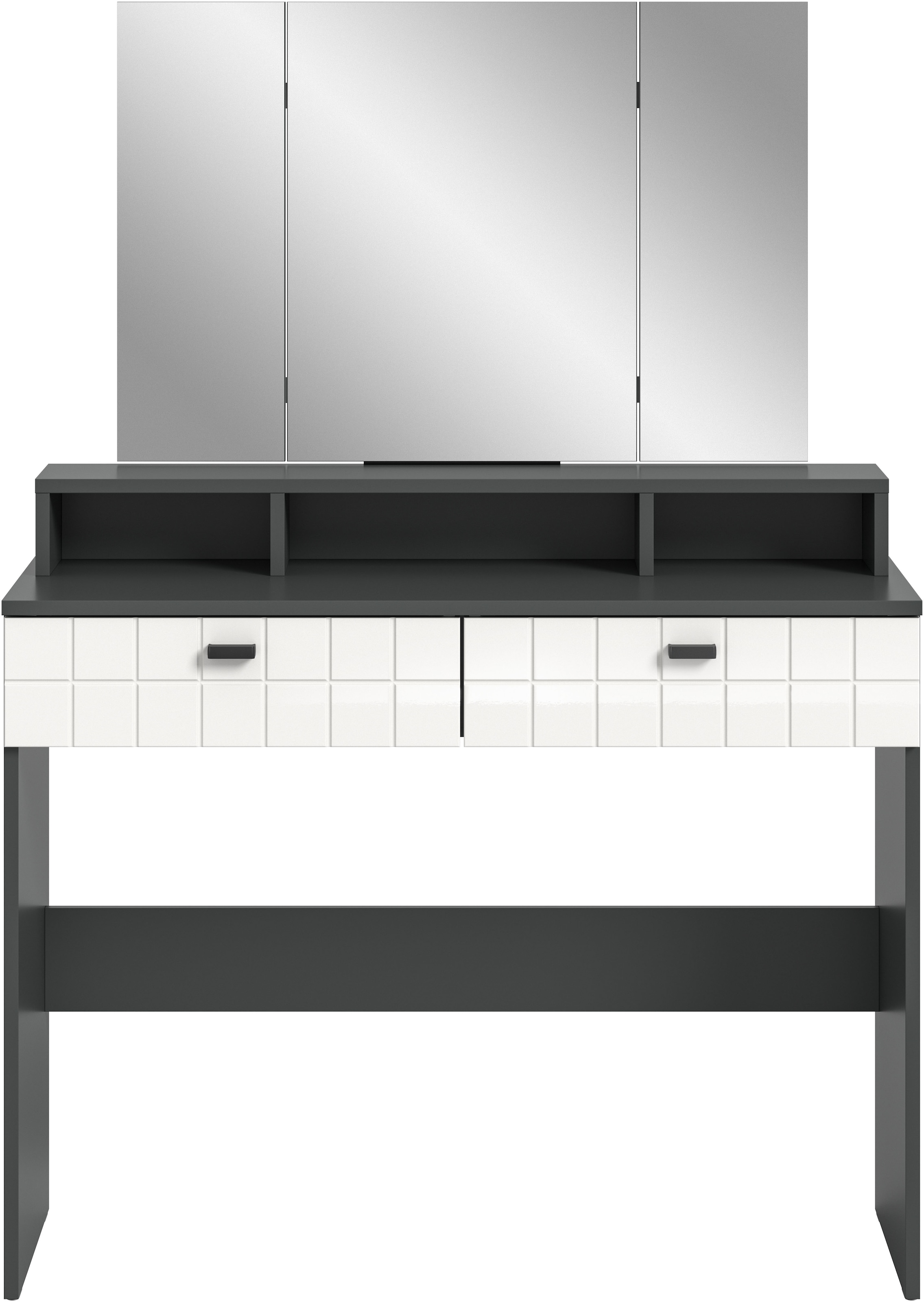 INOSIGN Coiffeuse »GORA, Breite 100 cm, 2 Schubkästen, 1feste & 2 faltbare Spiegelflächen« gefräste Front in Waffeloptik hochglanz, Frisiertisch, Spiegeltisch