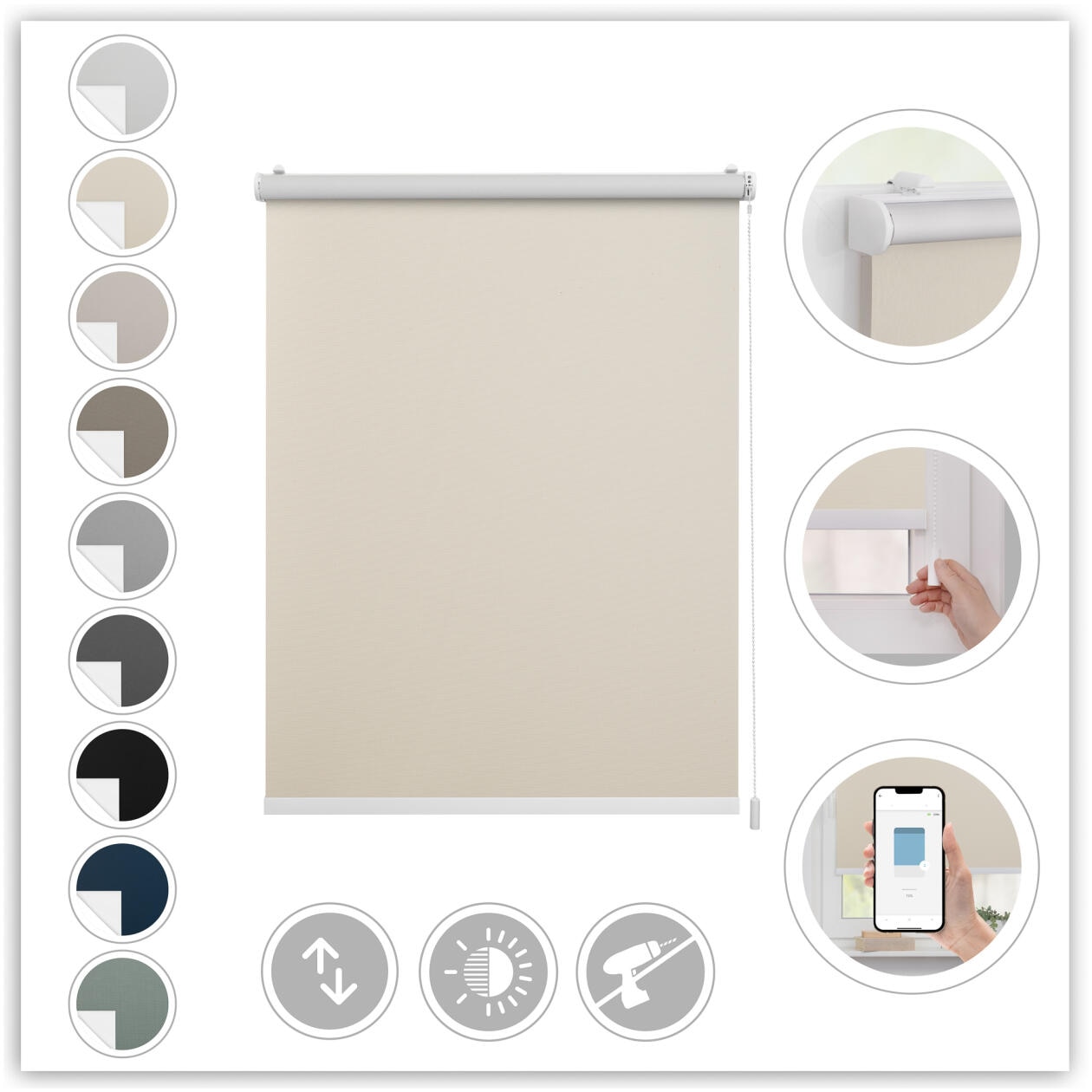LICHTBLICK ORIGINAL Store à enrouleur »Klemmfix, ohne Bohren« verdunkelnd mit Bohren/ohne Bohren freihängend Steuerbar mit Bluetooth-App, integrierter Elektromotor und Akku