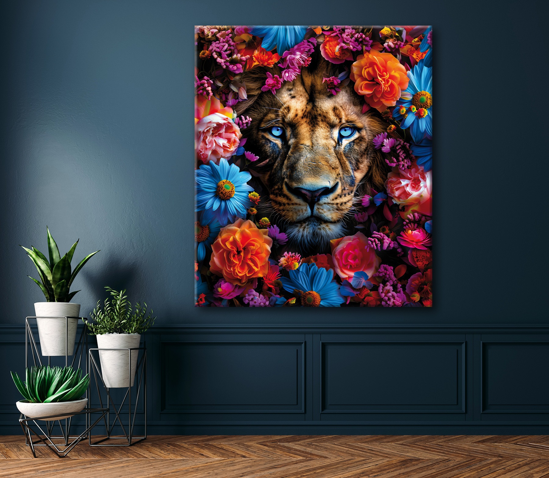 Bönninghoff Tableau sur toile »Wandbild LÖWE BLUMENKRANZ XXL 118x140 cm – Leinwandbild Keilrahmen« Animaux | Art | Fleurs | Félins | Images de fleurs | Images de plantes | Lion | Lions | Plantes 1 cuis tlg. tendu sur châssis