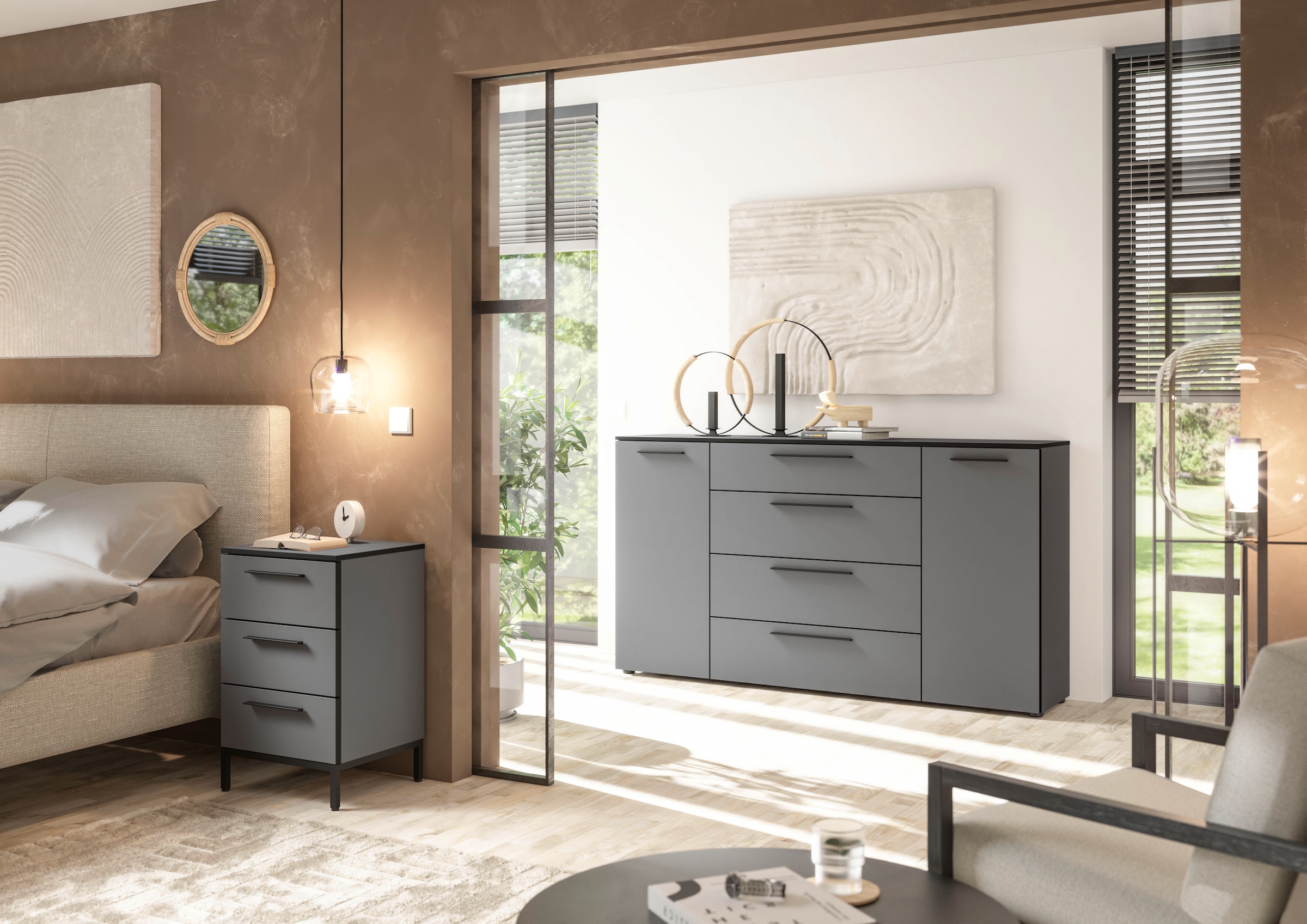 Manjana Möbel Nachtkommode »mit Schwarz matten Metallgriffen« mit Soft-Close-Funktion, mit Vollauszug, melaminbeschichtet