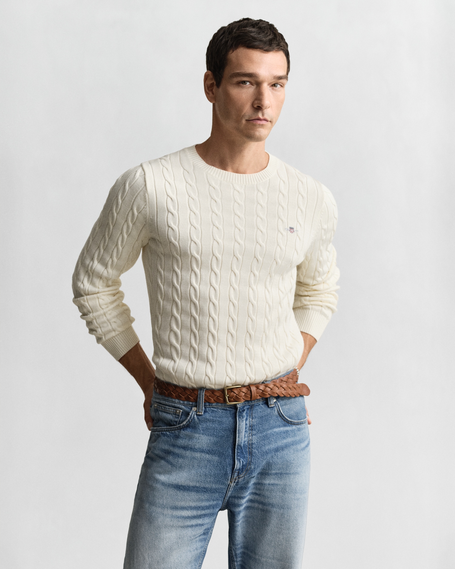 Gant Pull en tricot »COTTON CABLE C-NECK«, mit Wappen-Logostickerei auf der Brust
