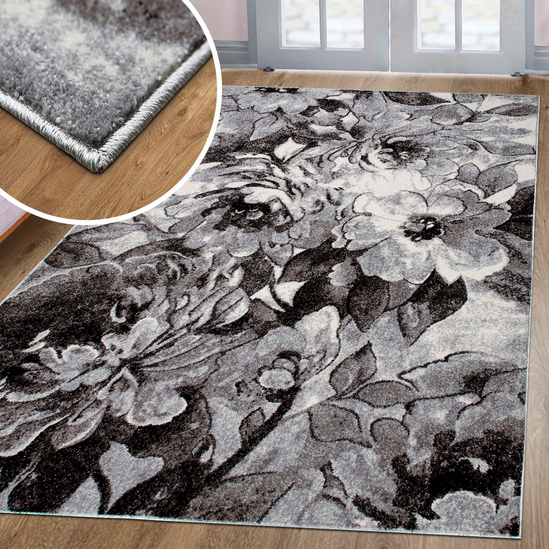 my home Teppich »Almrose« rechteckig 9 mm Höhe mit besonders weichem Flor, Blumen Muster, florales Design, Kurzflor