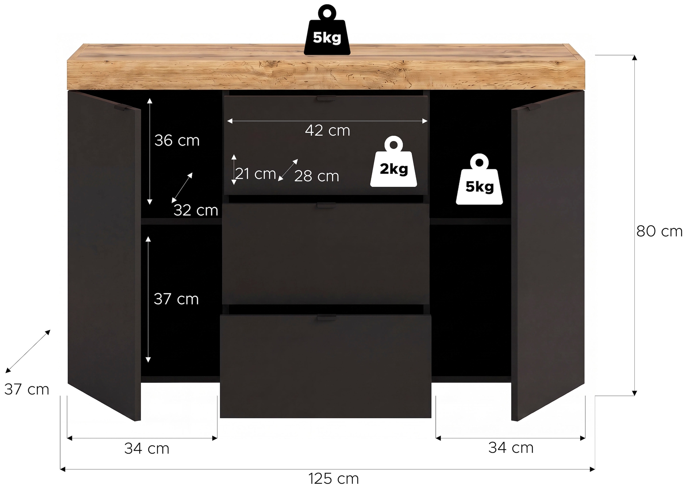 GOODproduct Buffet »MAMBO II, Breite 125 cm, 2 Türen, 3 Schubkästen« 1 cuis tlg. Buffet, commode, salon, couloir, bureau