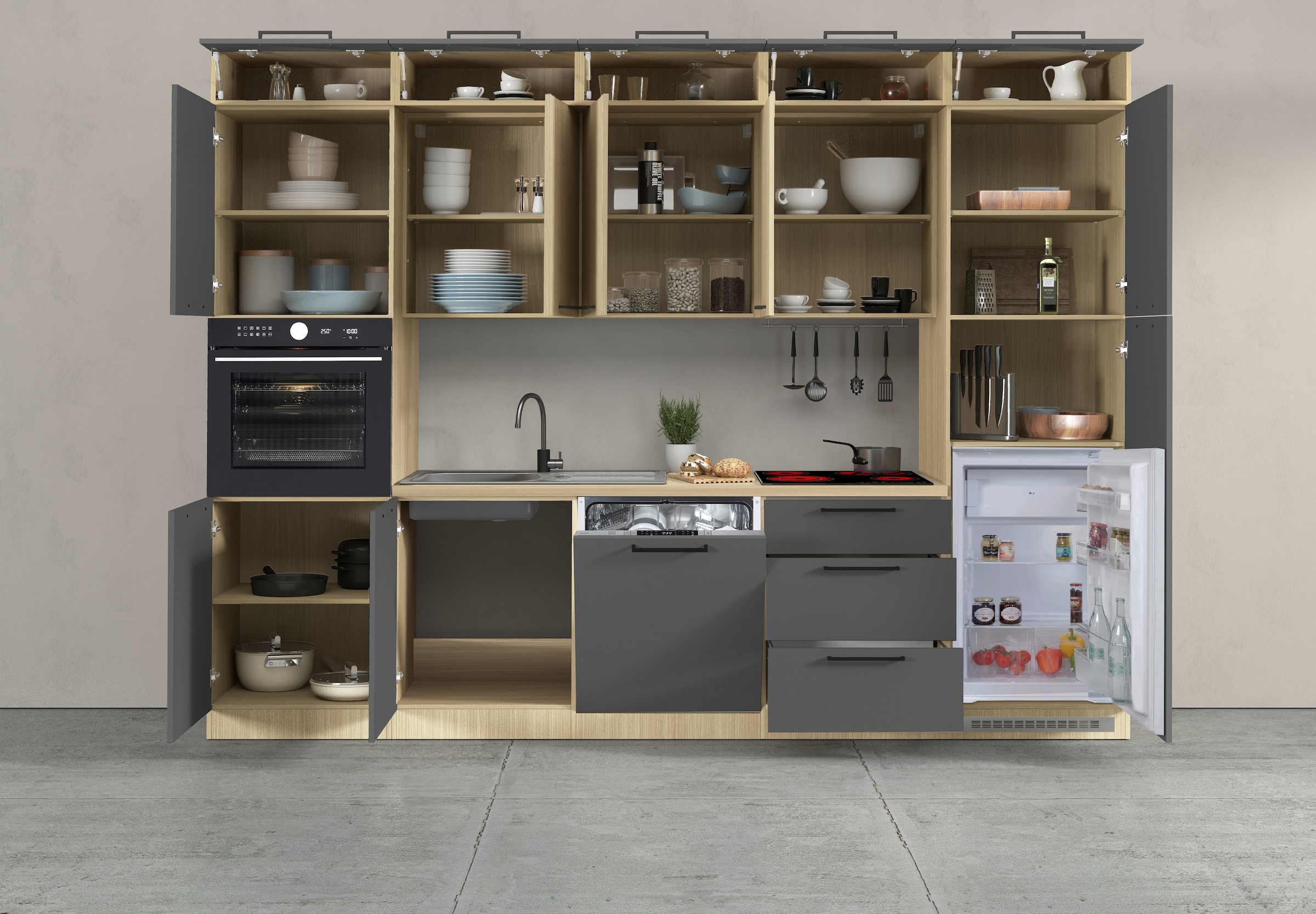 KOCHSTATION Kitchenette »Luna, Einbauküche, Zeilenküche, mit Soft-Close Funktion, Made in Italy« Breite 300 cm ohne E-Geräte, mit Spüle+Siphon und Aufsatz