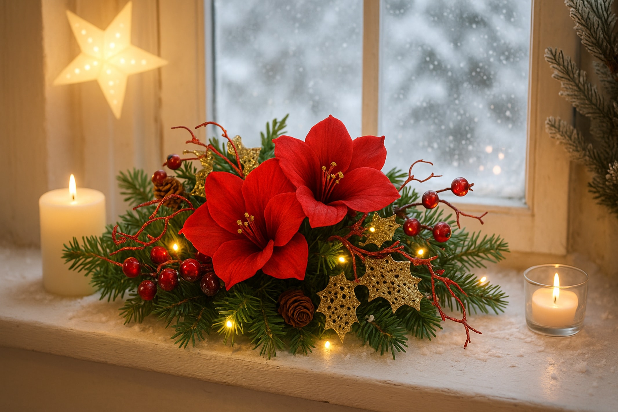 I.GE.A. Plante artificielle »Tannenleger« Amaryllis Zapfen Beeren künstlich warmweiss Weihnachtsdeko Tisch Advent