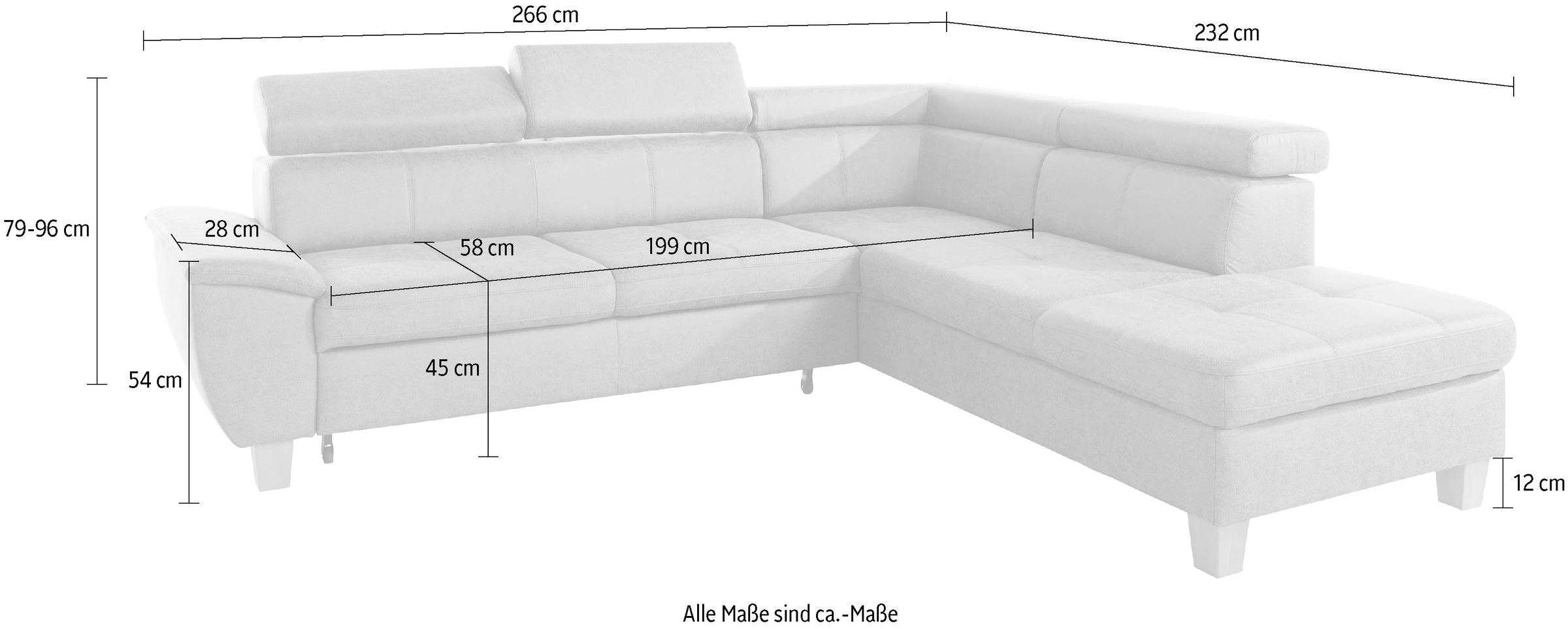 exxpo - sofa fashion Ecksofa »Enya, hoher Sitzkomfort, Breite 266cm, bequem, 12cm hohe Füsse, L-Form« mit Kopfteilverstellung, wahlweise Bettfunktion u. Bettkasten