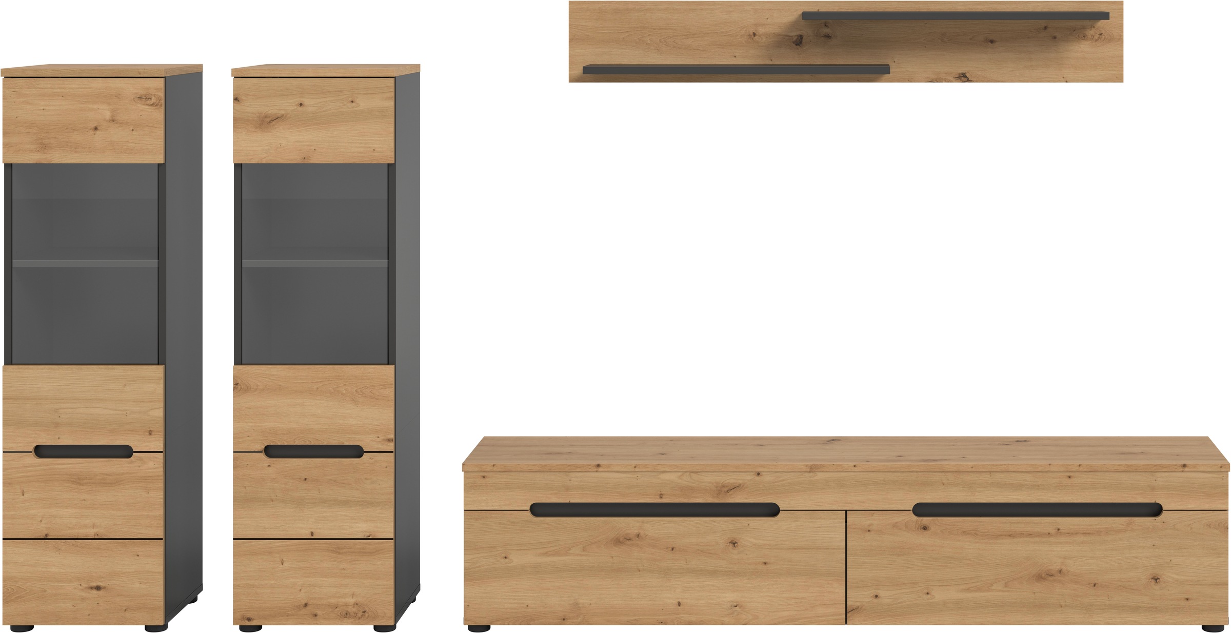 Home affaire Wohnwand »REHAT, 4-teilig, wahlweise stehend und hängend montierbar« Set bestehend aus: 2x Vitrine, Lowboard und Wandboard, 3 Stk. tlg.