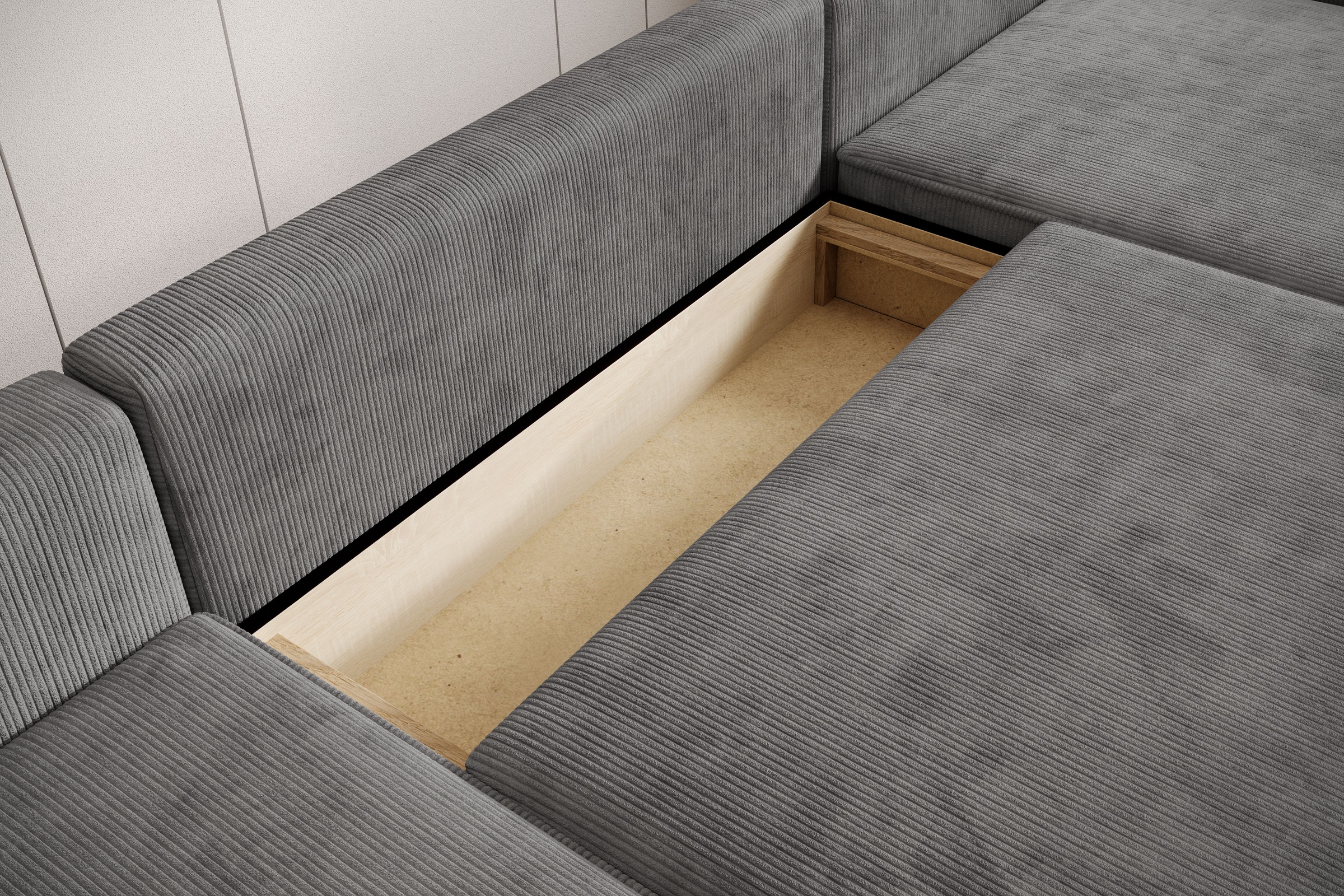 TRENDMANUFAKTUR Paysage de salon »Challenge, Schlafsofa mit Bettkasten, Couch in U-Form, Breite 333 cm« canapé XXL avec coffre et fonction lit, aussi en tissu velours côtelé tendance