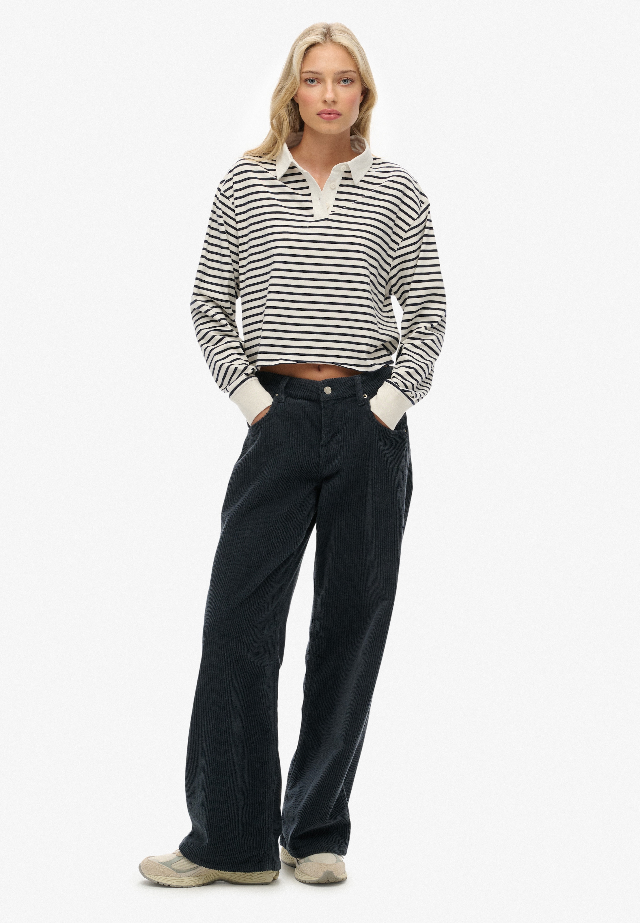 Superdry Polo à manches longues »ATH ESS CROPPED STRIPE RUGBY« Paquet, 2 en coton et jersey simple, coupe oversize, avec col polo