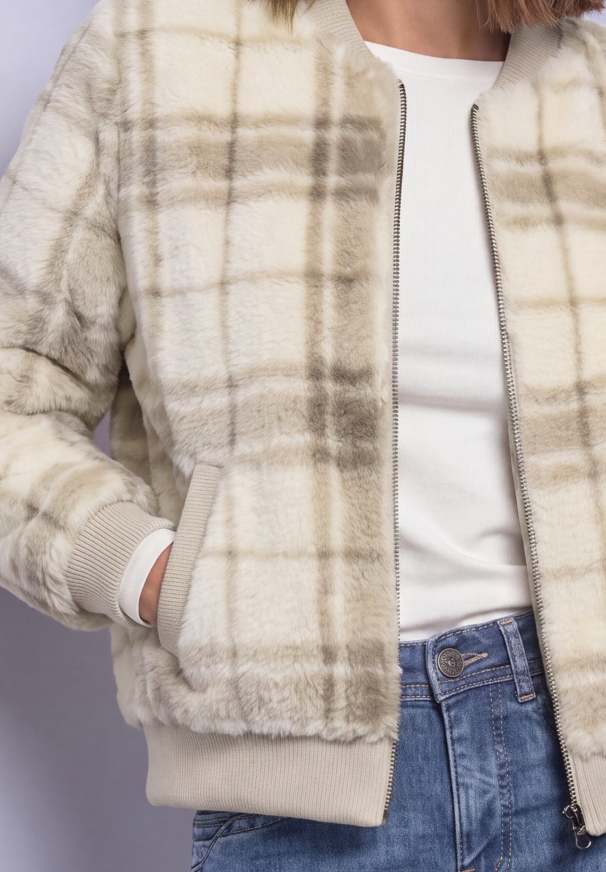 STREET ONE Blouson ohne Kapuze Fake Fur Blouson mit Strickdetails und Print
