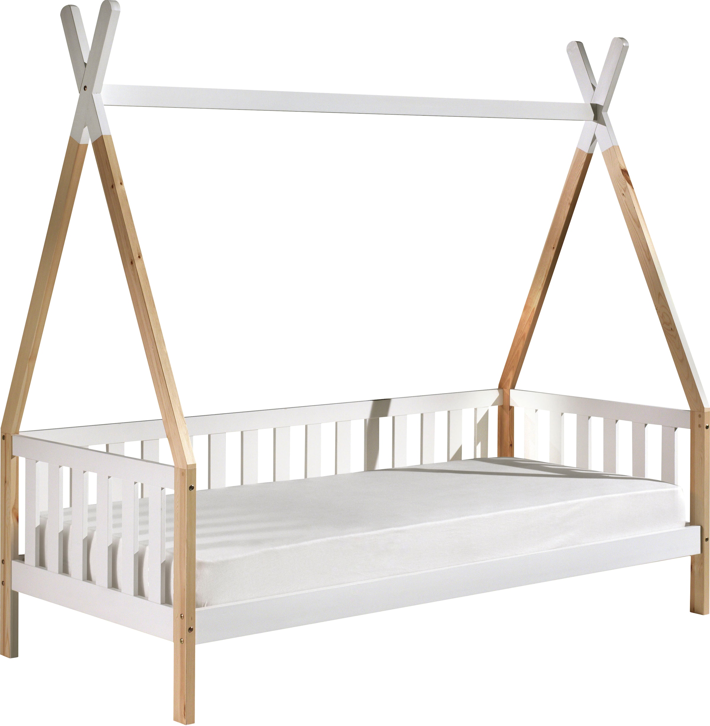 Vipack Lit d'enfant »Tipi, mit Querstange in Zelt-Optik, Kiefer massiv« L/H/P env. 206x185,1x96 cm, encadrement barreaux latéraux,  incluant sommier à lattes roulantes et tiroir de lit en option