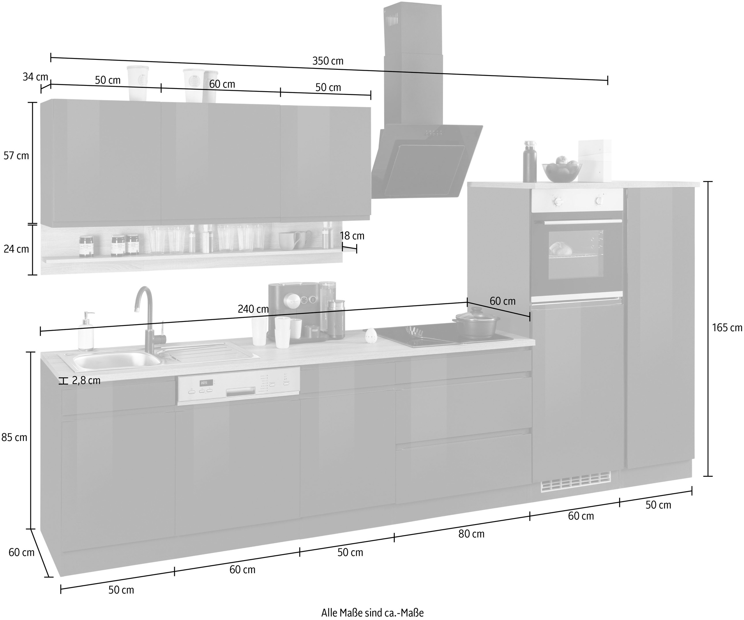 KOCHSTATION Kitchenette »KS-Virginia,neu in verbesserter Ausführung« plan de travail épaisseur 38 mm, rangement, fermeture douce,  largeur 350 cm, soft-close, sans appareils électriques