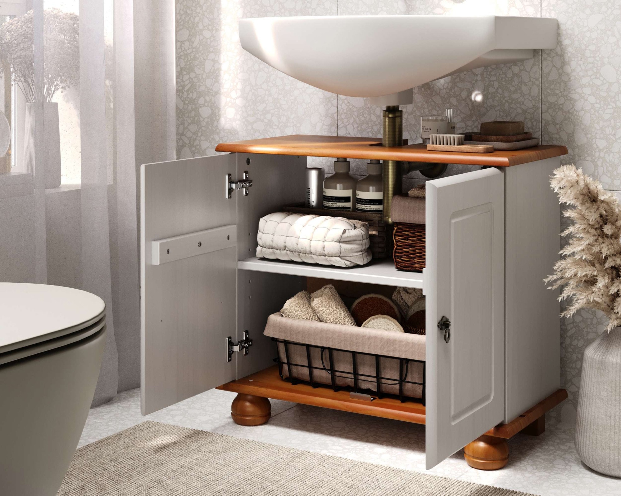 GOODproduct Waschbeckenunterschrank »Finca« aus massivem Kiefernholz, Siphonausschnitt, Breite 62 cm, Höhe 55 cm