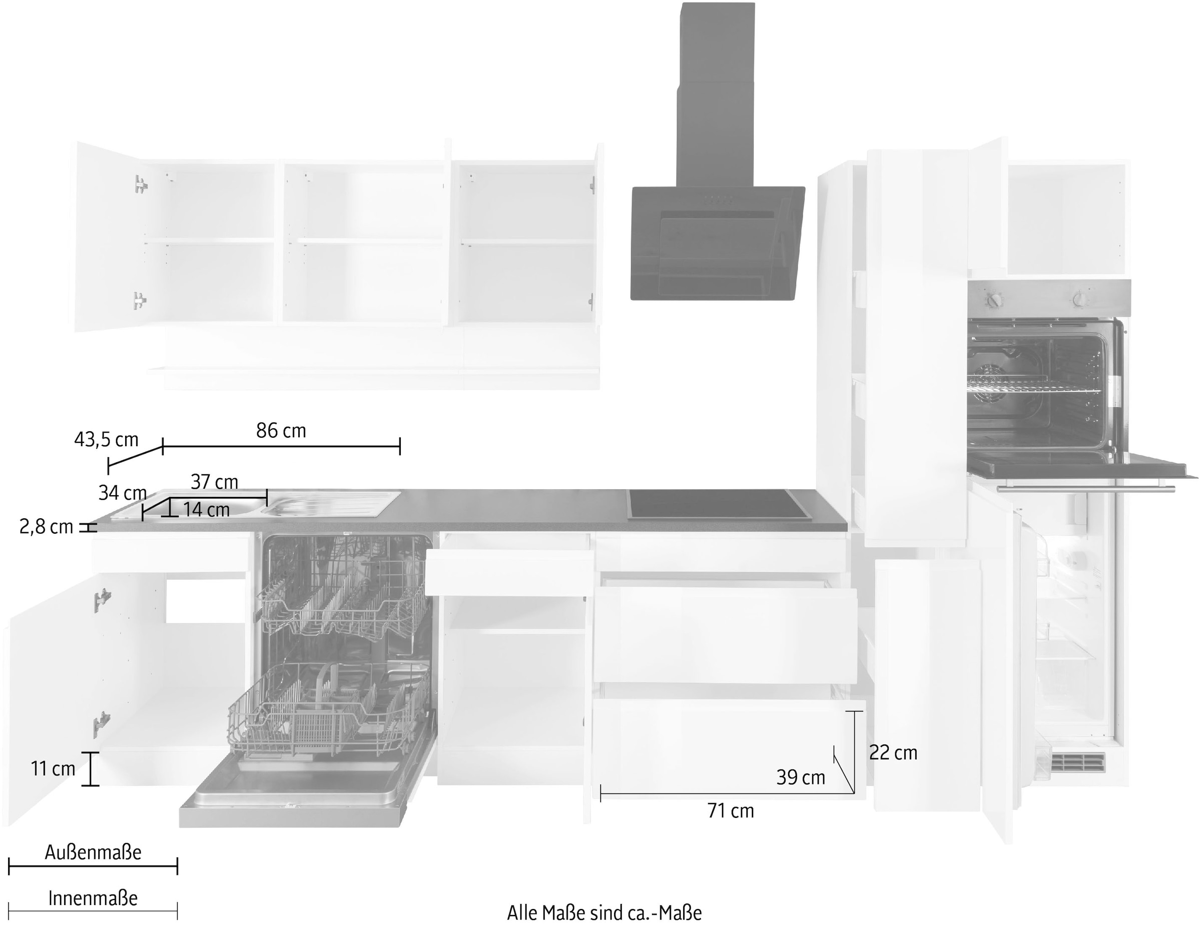KOCHSTATION Kitchenette »KS-Virginia,neu in verbesserter Ausführung« plan de travail épaisseur 38 mm, rangement, fermeture douce,  largeur 330 cm, soft-close, sans appareils électriques