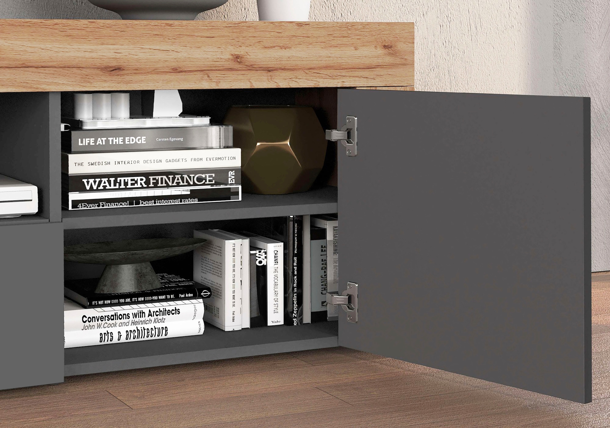 GOODproduct Lowboard »CHRONOS Breite 155 cm mit 2 Türen, 1 Schublade,1 offenes Fach« 1 Stk. tlg. TV-Board, Sideboard niedrig, Grifflos mit Push to Open 'Made in Italy'