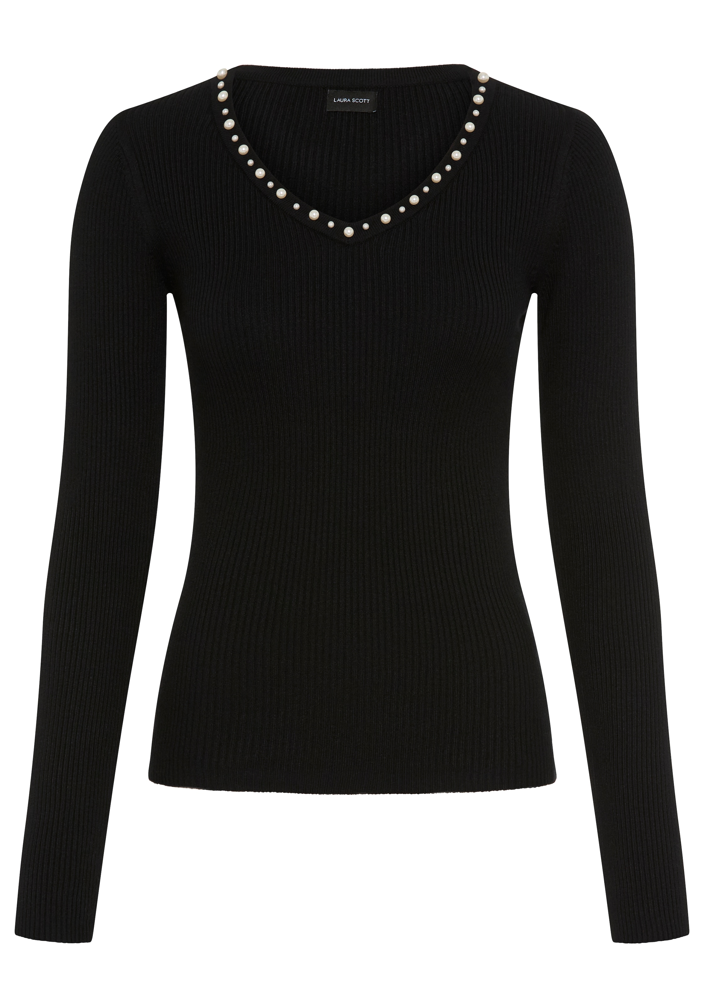 Laura Scott Pull en tricot »mit tiefem V-Ausschnitt« avec détails en perles, en mélange de viscose agréable
