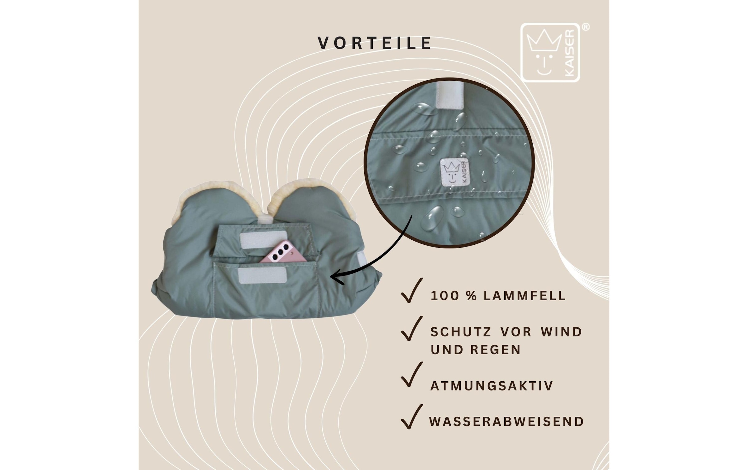 Kaiser Chauffe-mains pour poussette »Lammfell Big Salbei« Handwärmer für den Kinderwagen