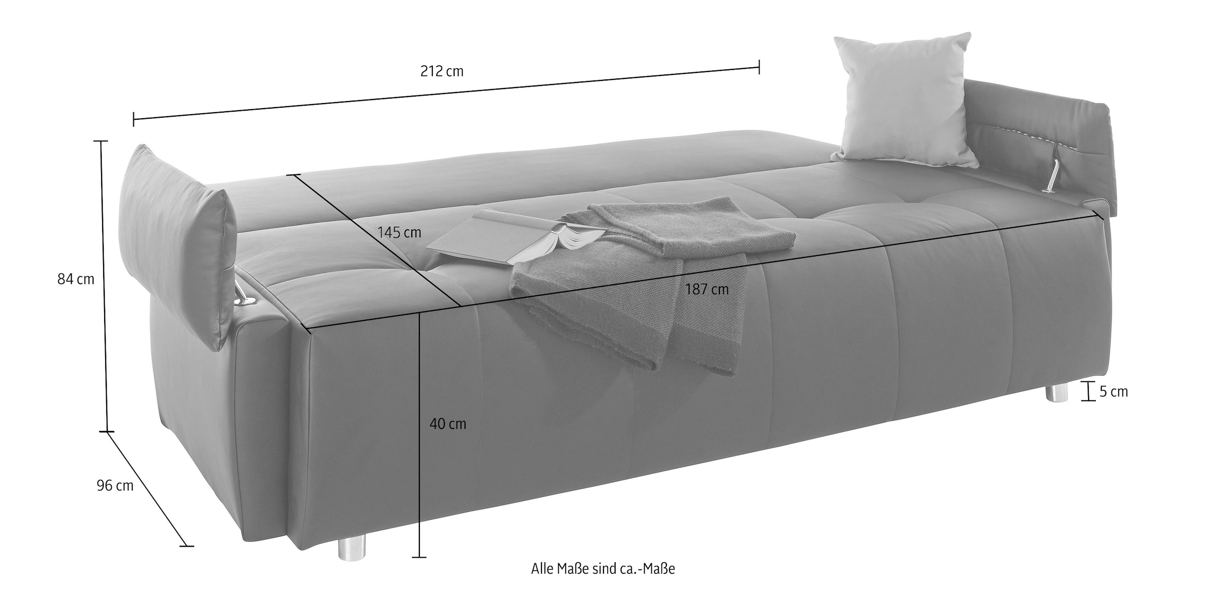COLLECTION AB Canapé-lit »Funtastic, B: 212 cm, Liegel. 145x187 cm« Bettfunktion, Bettkasten, Armteilverstellung & 1 Zierkissen, Federkern