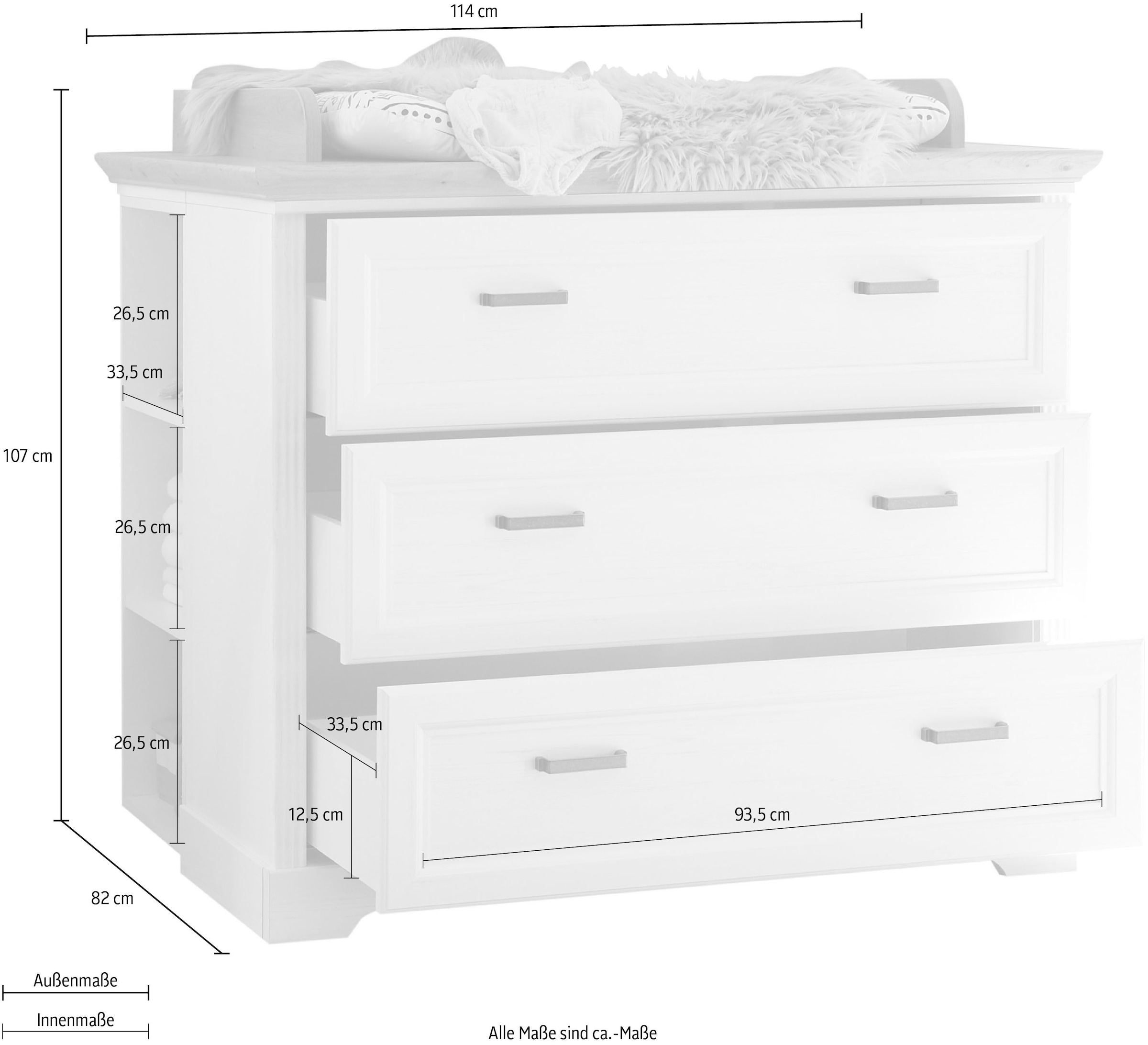 Begabino Commode à langer »Jasmin Kommode mit Wickelaufsatz« bis 15 kilos style campagne, commode avec 3 tiroirs 114 cm