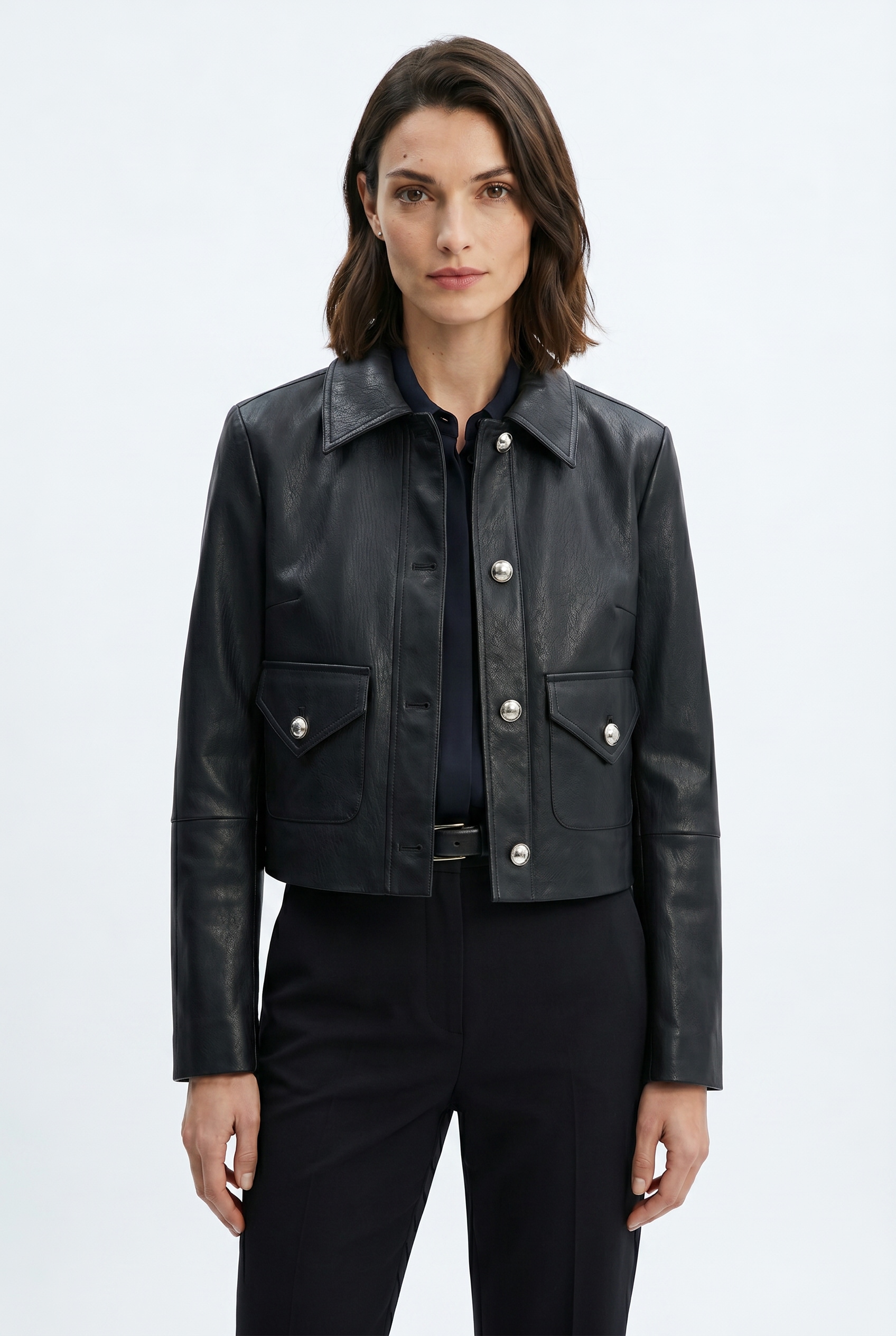 BOSS ORANGE Veste en cuir »Sakara Premium Damenmode« Avec col pointu et poches à rabat, coupe Regular