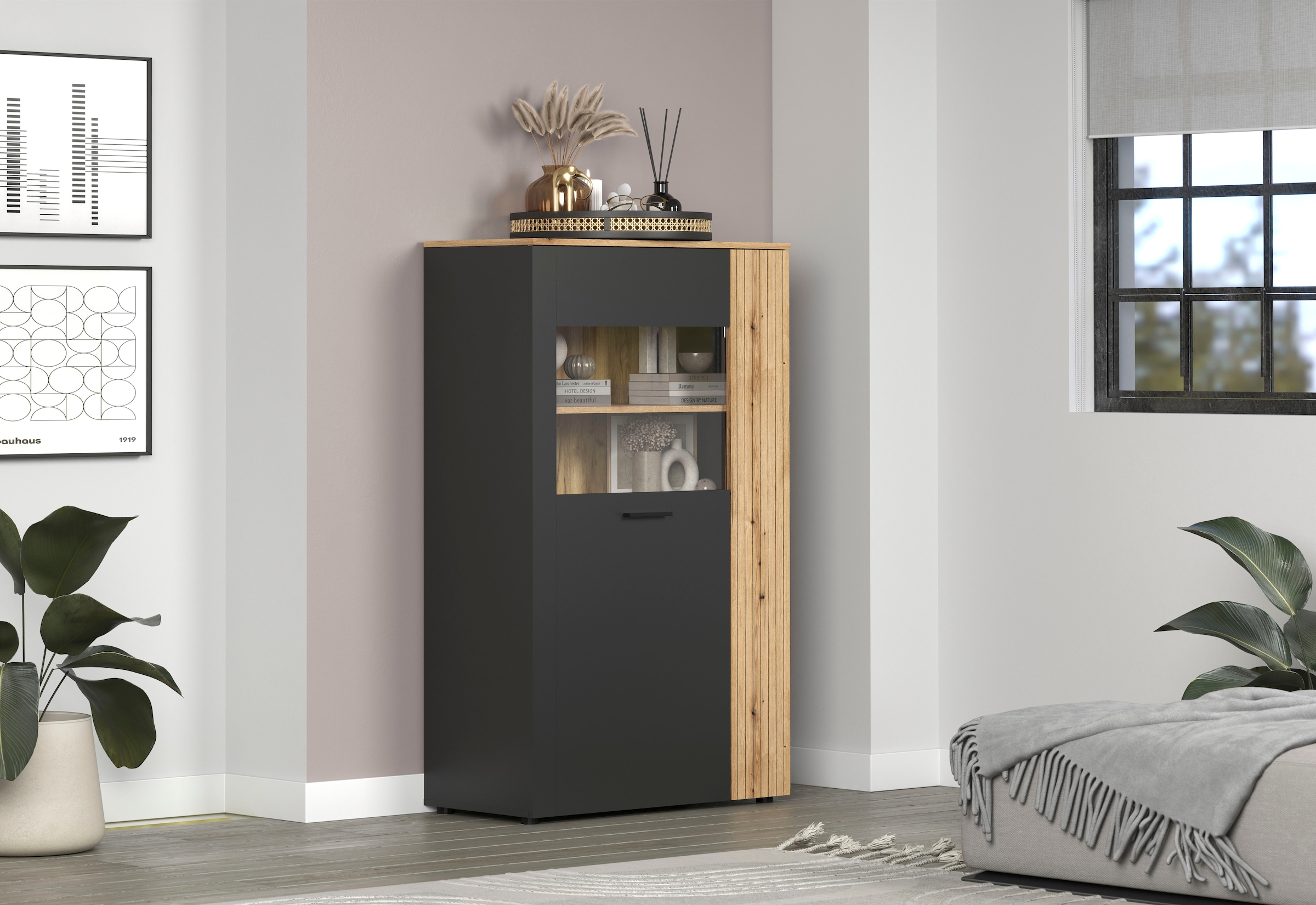 Home affaire Buffet haut »Estepona« 1 cuis tlg. Highboard avec 2 portes - (L/P/H) 90/42/146 cm