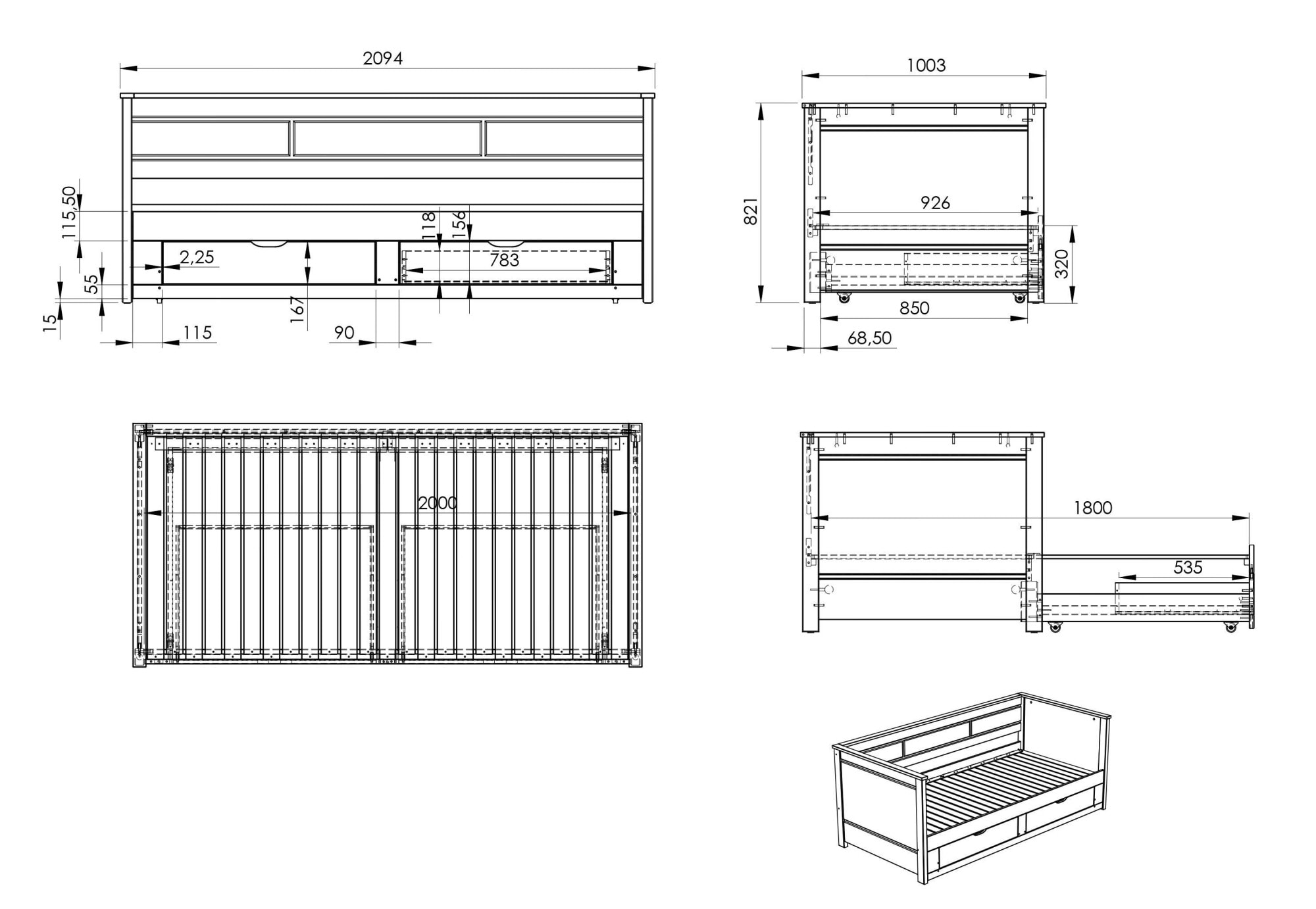 GOODproduct Ausziehbett »Leorben, OTTOs Choice, Daybed, Jugendbett, Landhausstil, Massivholz« B/H/T ca. Liegefläche von 90cm auf 180cm ausziehbar 100x82x210cm,  Liegefläche ausziehbar, 2 Schubladen, inkl. Lattenroste, Stauraumbett