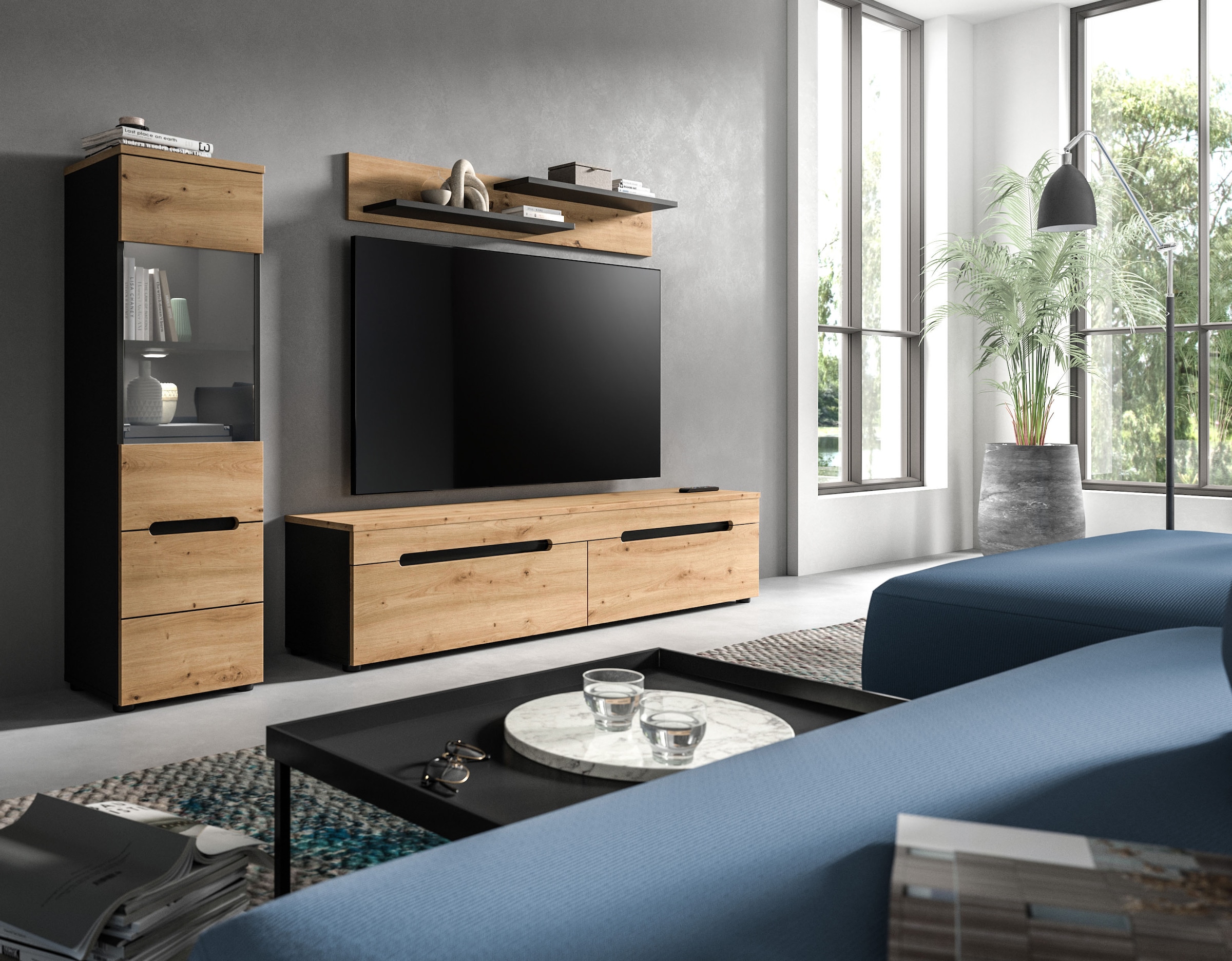 Home affaire Meuble mural »REHAT, TOPSELLER!, 3-teilig, inkl. Beleuchtung, stehend oder hängend« Set bestehend aus: Vitrine inkl. Beleuchtung, Lowboard und Wandboard, 3 cuis tlg.