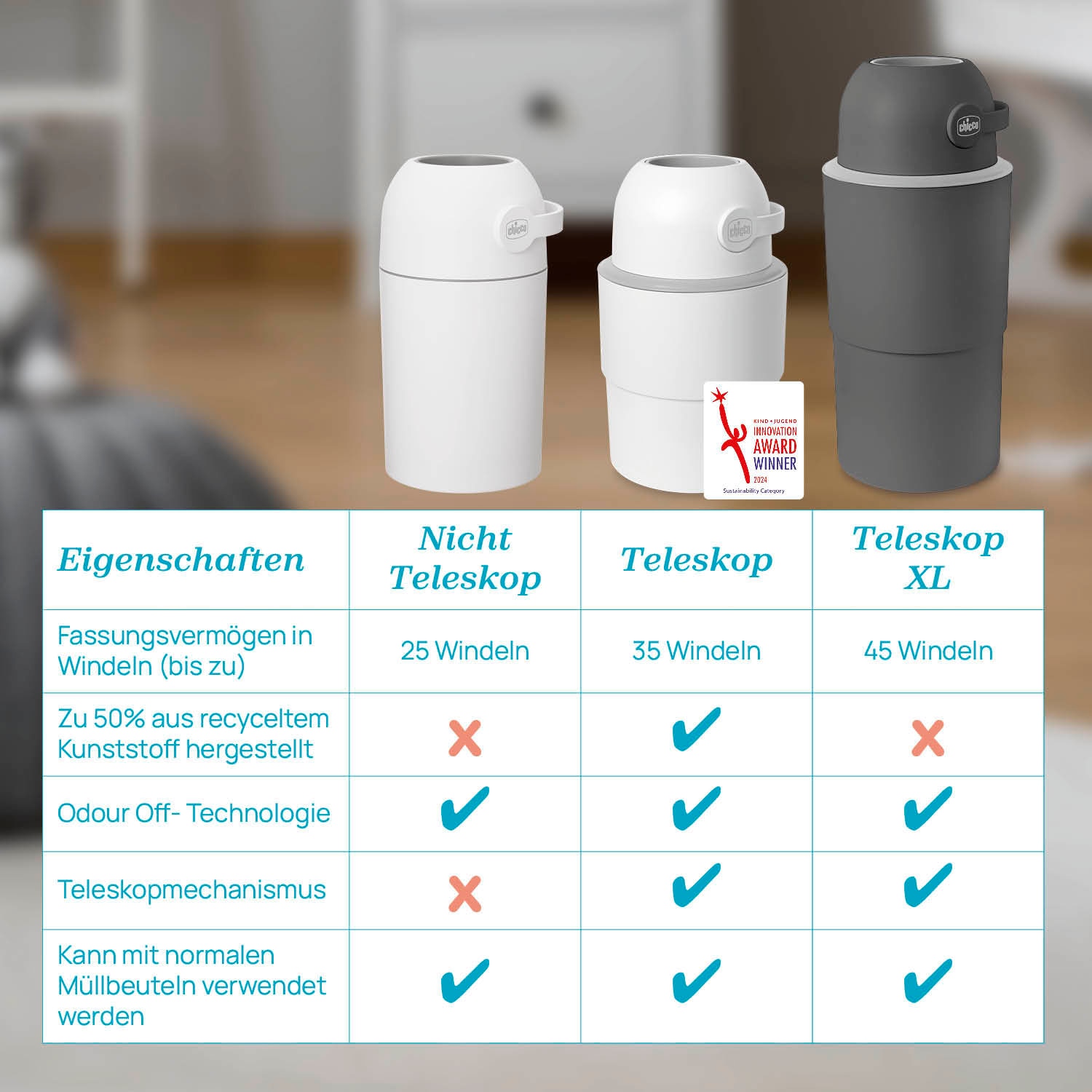 Chicco Windeleimer »Teleskop, Odour off XL« inklusive 1 Pck. Müllbeutel Odour Off und einem Müllbeutelspender