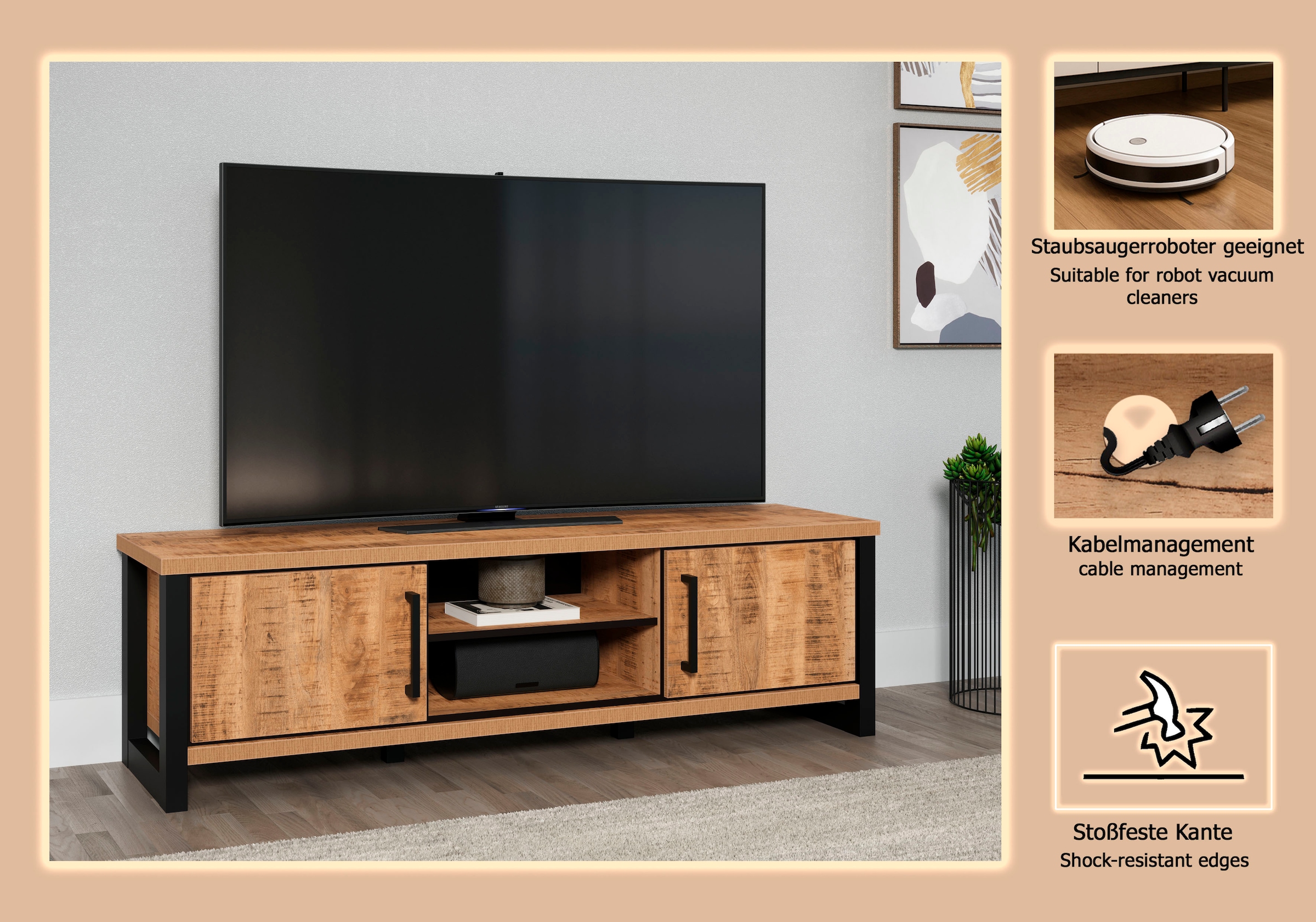 Home affaire Table basse »Elda« 1 cuis tlg. TV Lowboard mit 2 Türen und 2 offenen Fächern – (B/T/H) 166/45/50 cm