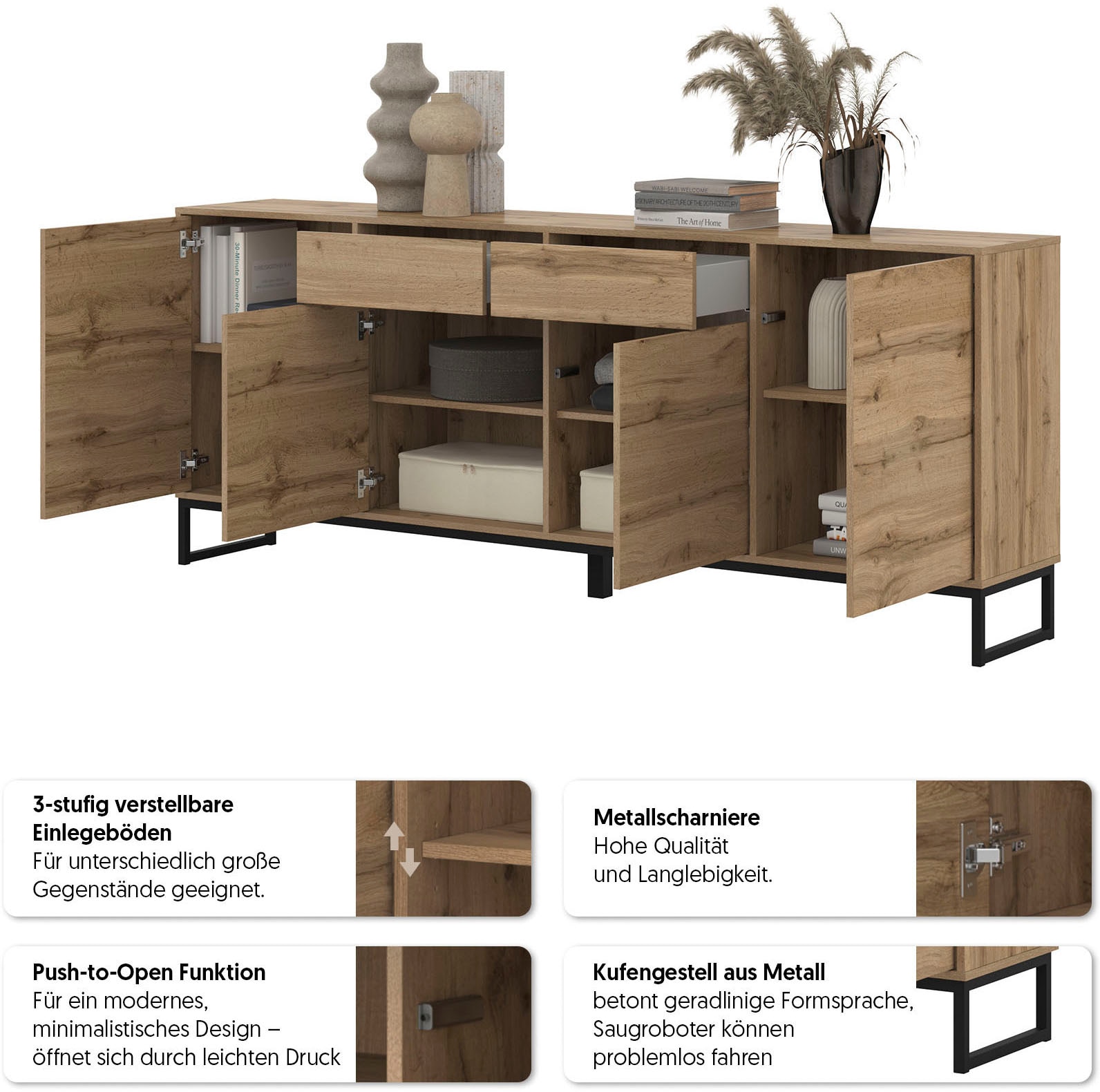 GOODproduct Sideboard »Loft, Breite 208,5 cm, grifflose Kommode 4 Türen/2 Schubkästen.« Schubladenschrank mit viel Stauraum, Einlegeböden verstellbar