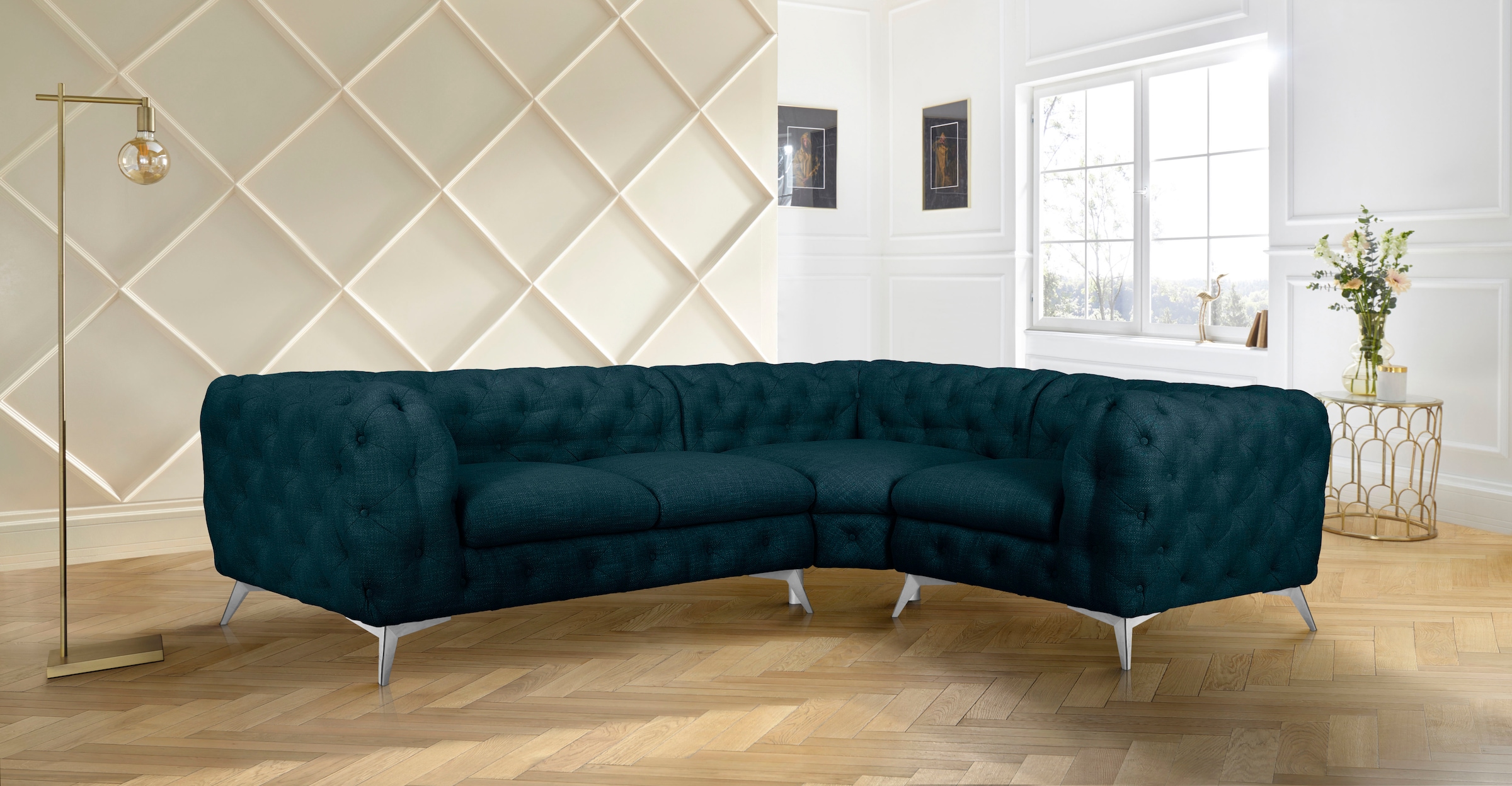 Home affaire Canapé Chesterfield »Ecksofa GLYNIS L-Form mit Wellenunterfederung, Masse B/T/H 264/204/75cm« aufwändige Knopfheftung, moderne Chesterfield Optik, Fussfarbe wählbar