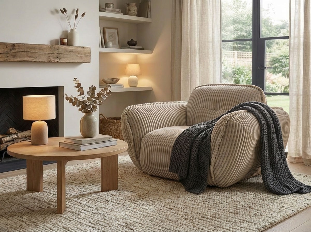 TRENDMANUFAKTUR Fauteuil »Be Fluffy, mit Rundumbezug, moderner breiter Kedernaht« avec confort d'assise doux, en velours côtelé large de haute qualité au toucher doux