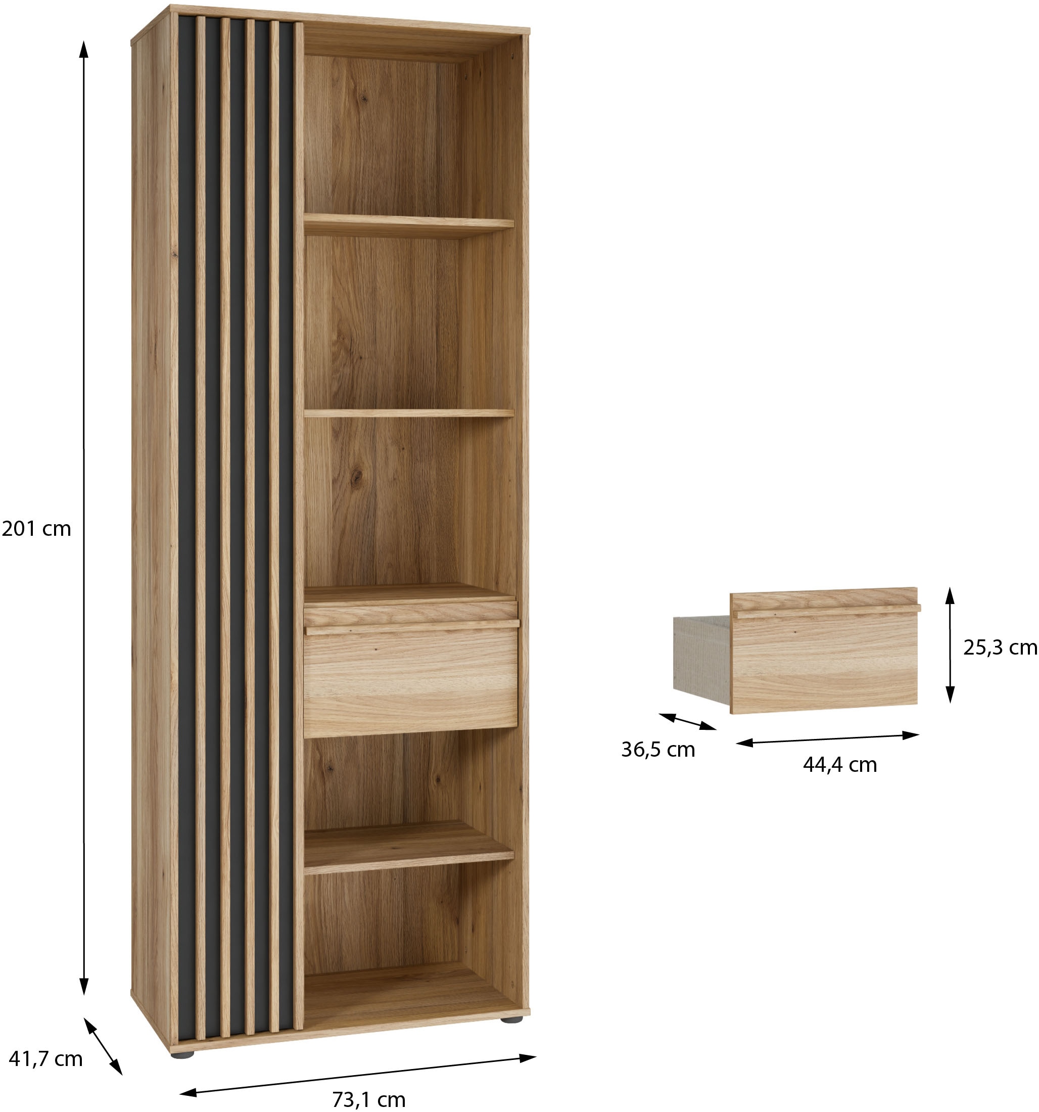 FORTE Étagère »Stauraumregal, 1T/1SK, Soft Close, Vollauszug SK« L/H/P 73,1/200,1/41,7 cm éclairage optionnel