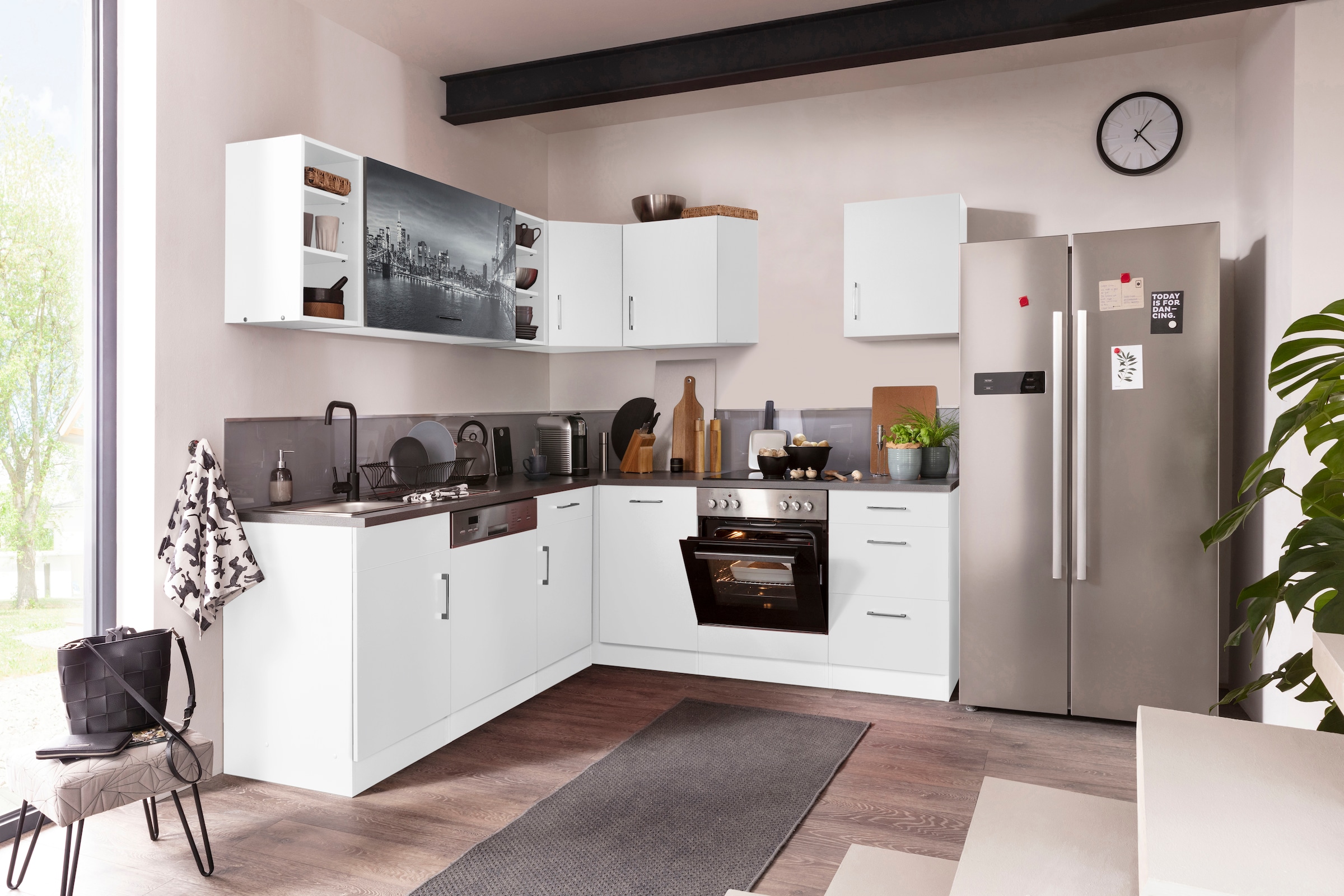 KOCHSTATION Kitchenette »KS-Paris – Küchen mit einzigartigen Fotomotiven auf den Fronten« largeur d'installation 220/220 cm, au choix avec appareils électriques, avec impression motif