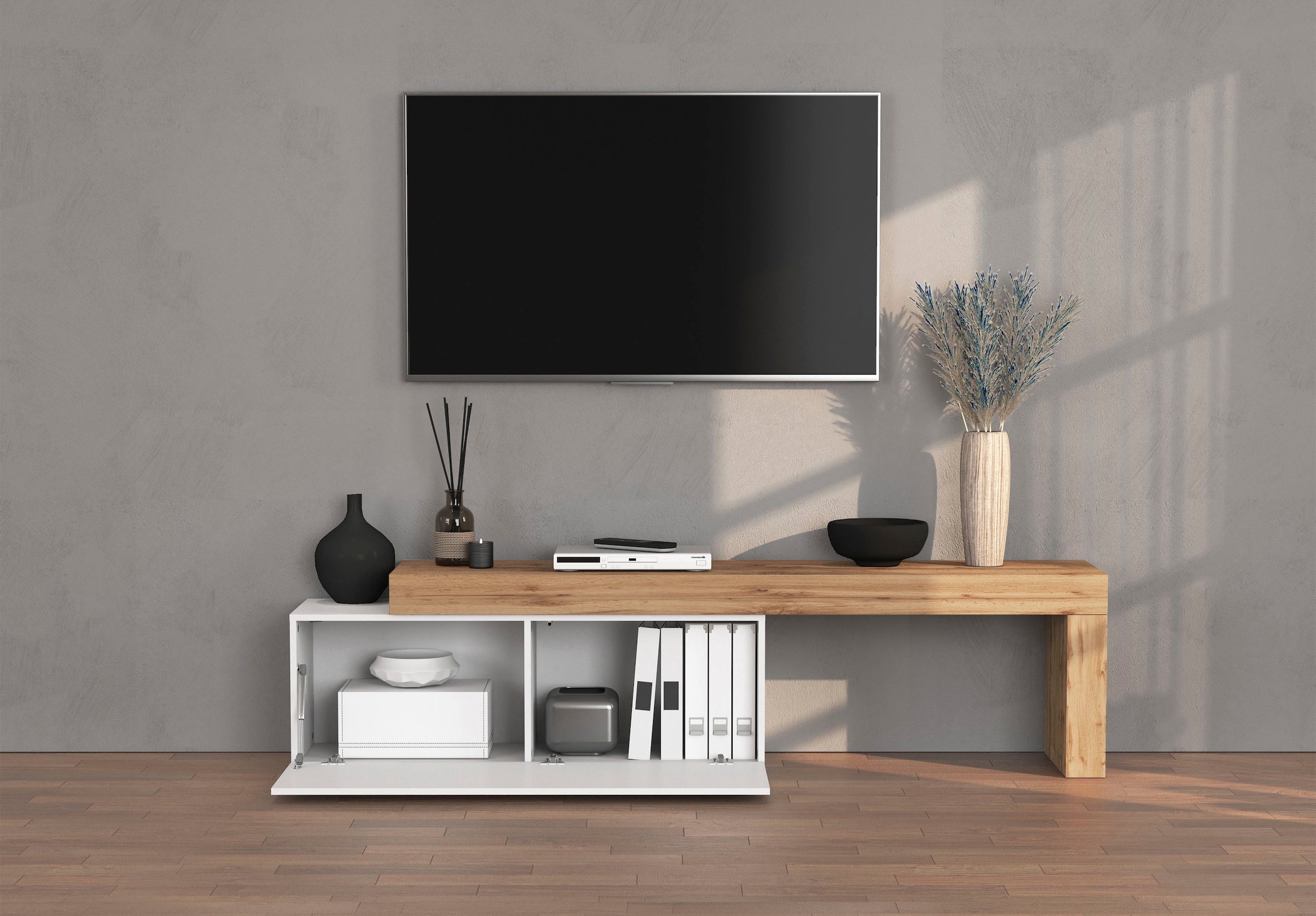 INOSIGN Table basse »Chronos TV-Board, T-Schrank« Breite verstellbar von 180 bis 290 cm, 1 cuis tlg. Breite 240 cm TV-Board,Lowboard,1 Klappe und ein L-Förmiger Aufsatz