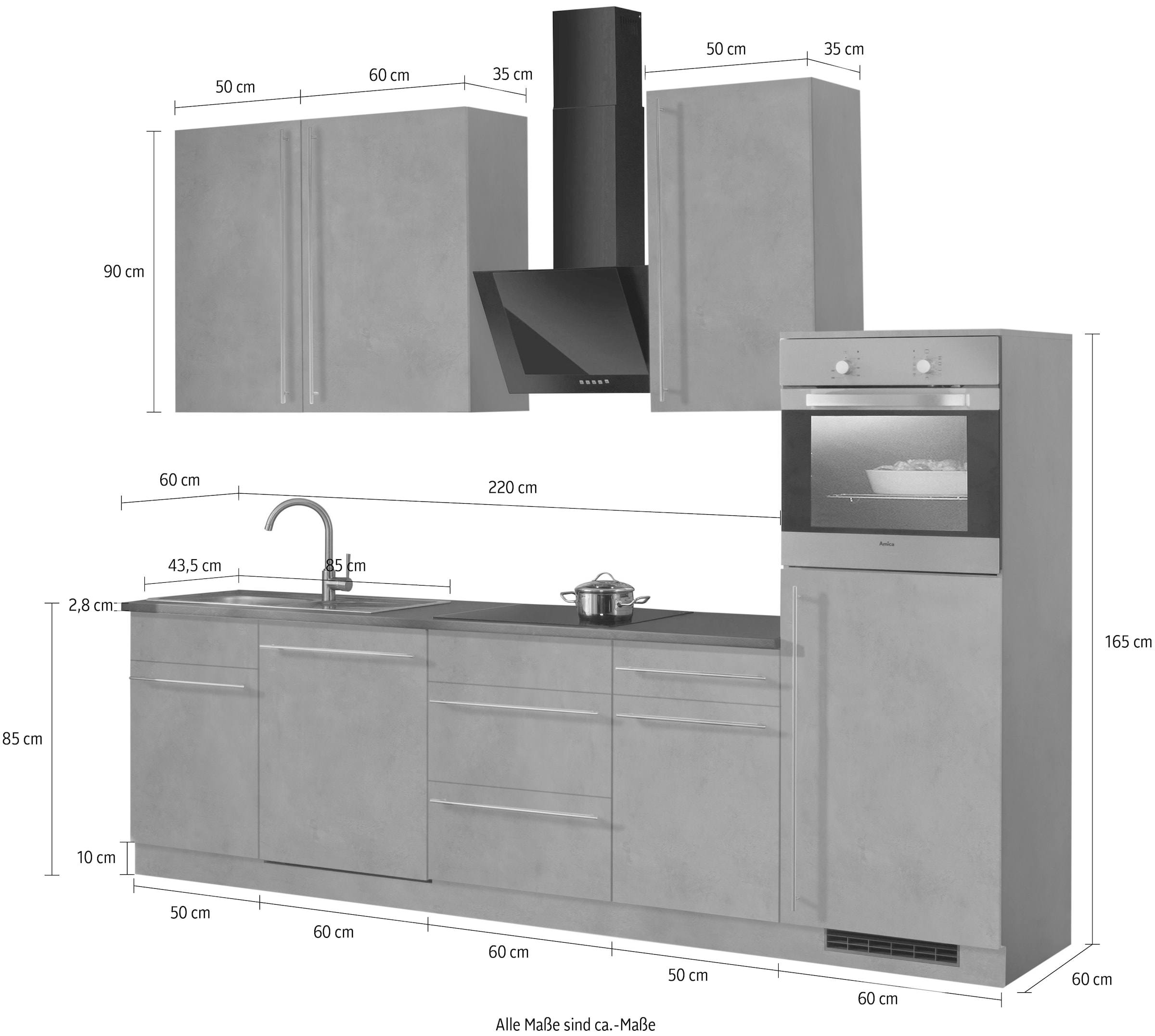 wiho Küchen Küchenzeile »Chicago« ohne E-Geräte, Breite 280 cm