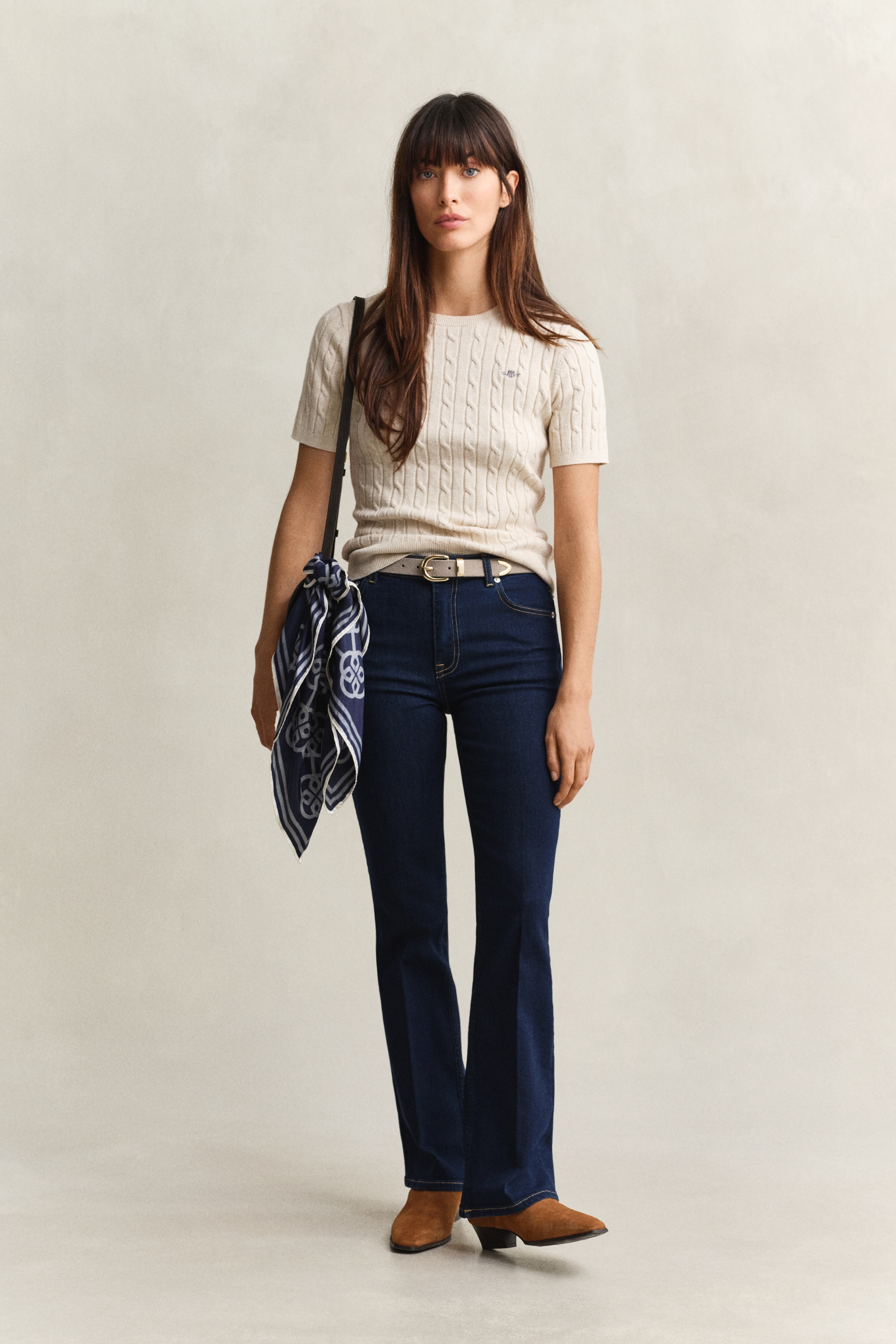 Gant Pull à manches courtes »STRETCH COTTON CABLE« Coupe slim avec encolure ronde