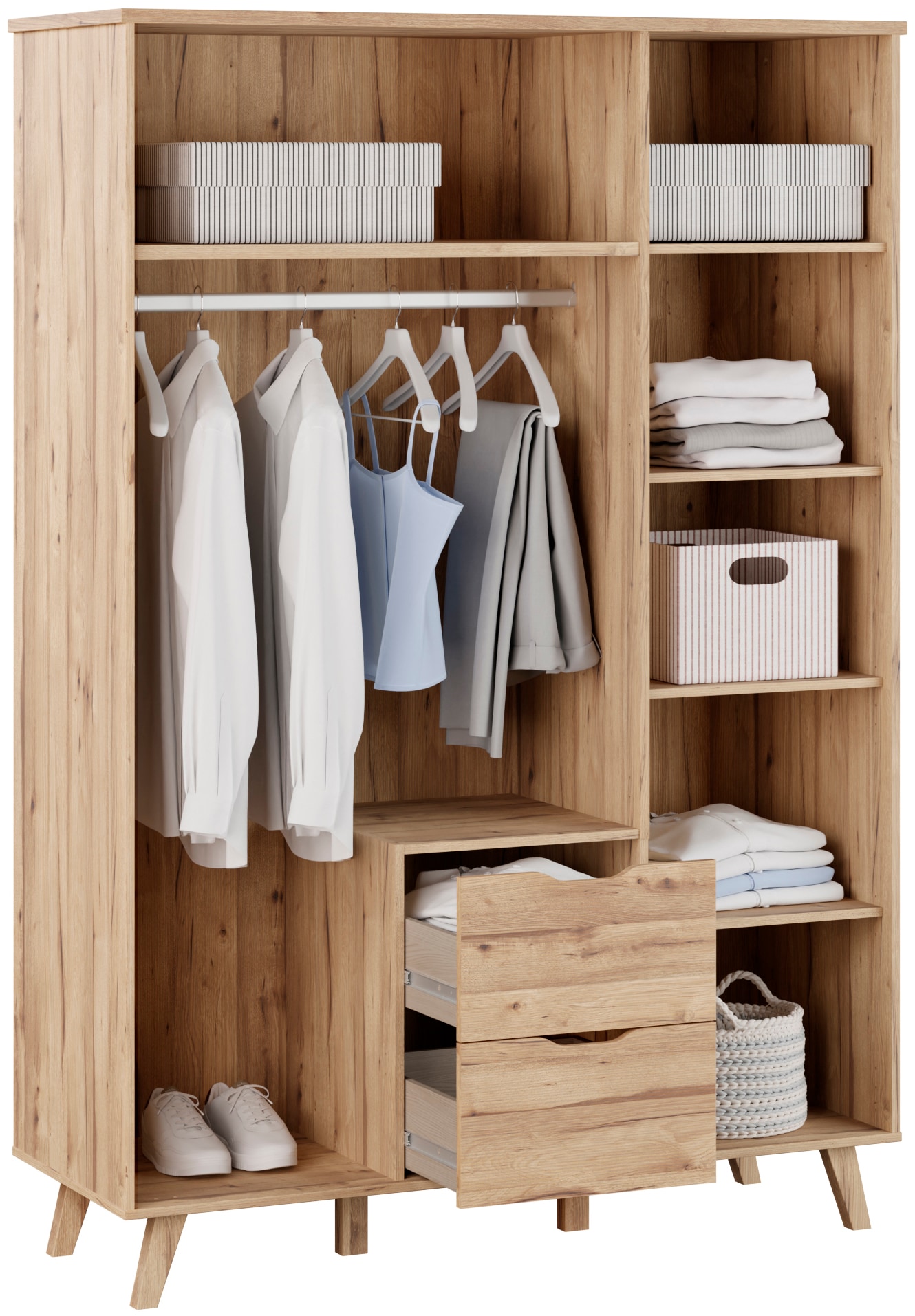 FORTE Drehtürenschrank »Vankka skandinavischer-Stil, viel Stauraum, ohne Griffe« B/H/T ca.140x200x52cm,  Made in Europe, mit Einlegeböden+Kleiderstange+Schubladen,grifflos