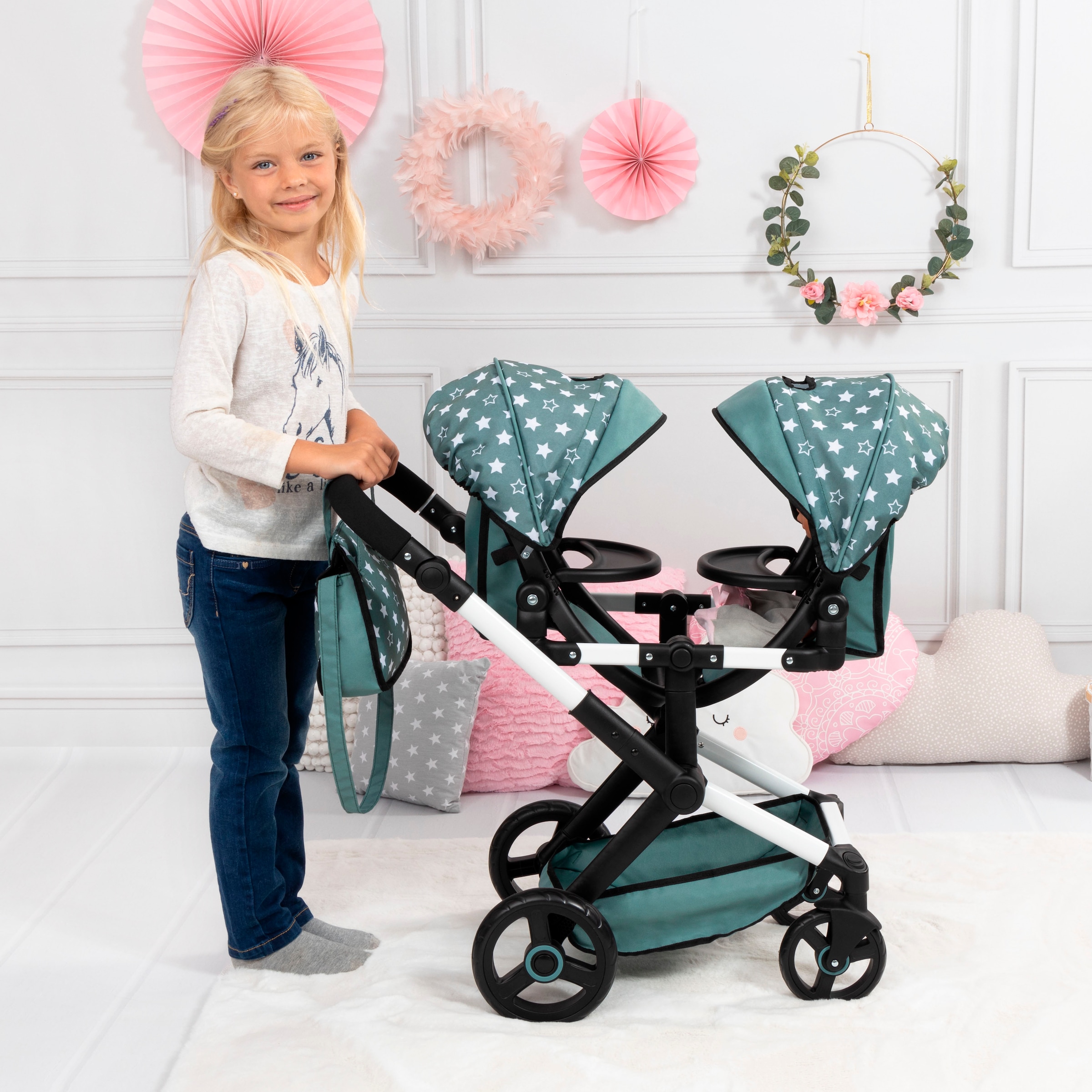Bayer Puppen-Zwillingsbuggy »Xeo Twin grün« mit Wickeltasche