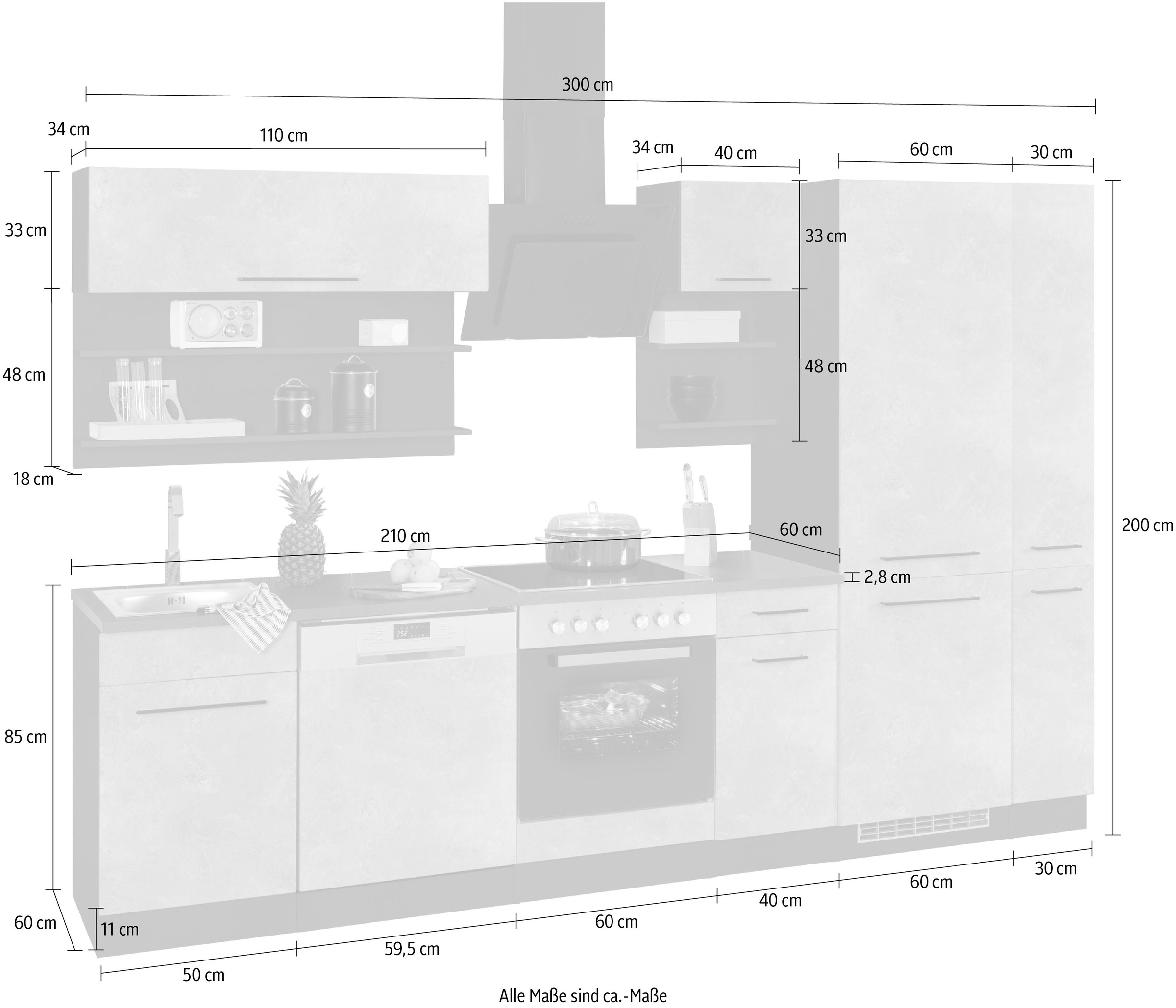 KOCHSTATION Küchenzeile »KS-Tulsa« ohne E-Geräte, Breite 300 cm, schwarze Metallgriffe, MDF Fronten