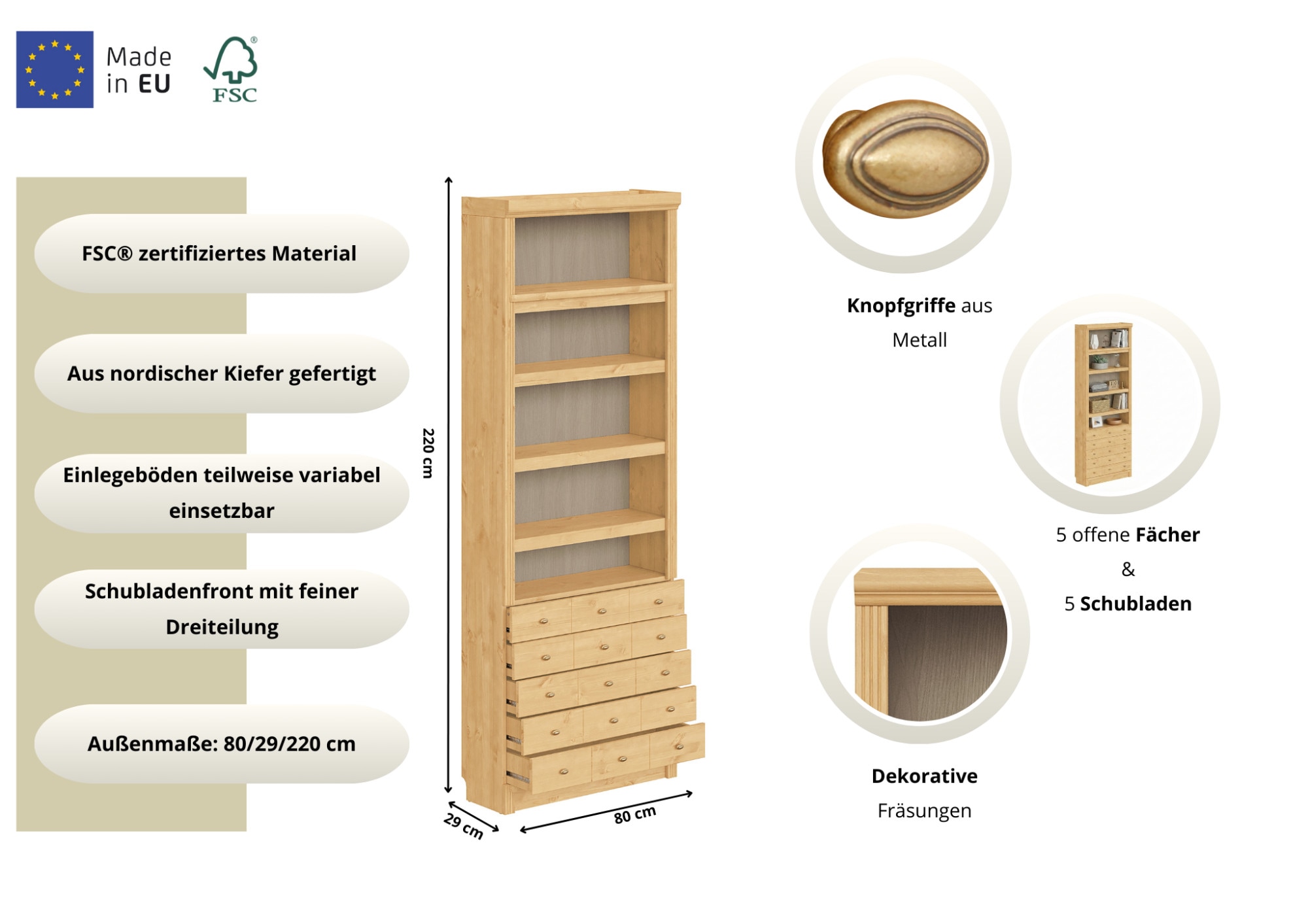 Home affaire Bücherregal »Soeren Regal mit 5 breiten Schubkästen in geteilter Optik« T/H: 80/29/220 cm, Kiefer FSC®-zertifiziert, elegante Metallgriffe
