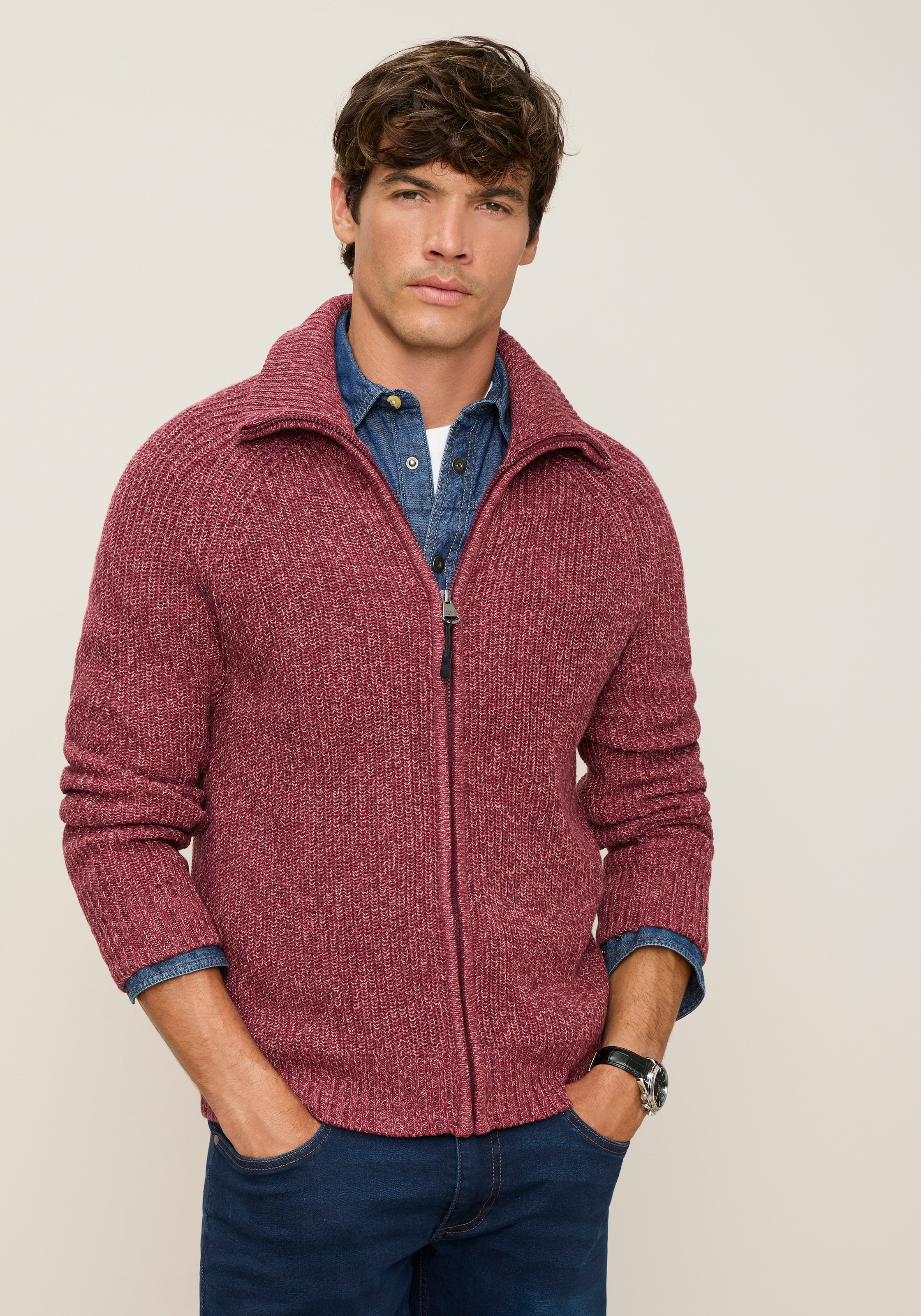 Man's World Strickjacke »Mit Stehkragen & Reissverschluss melierte Optik« regular fit, mit Raglanärmeln