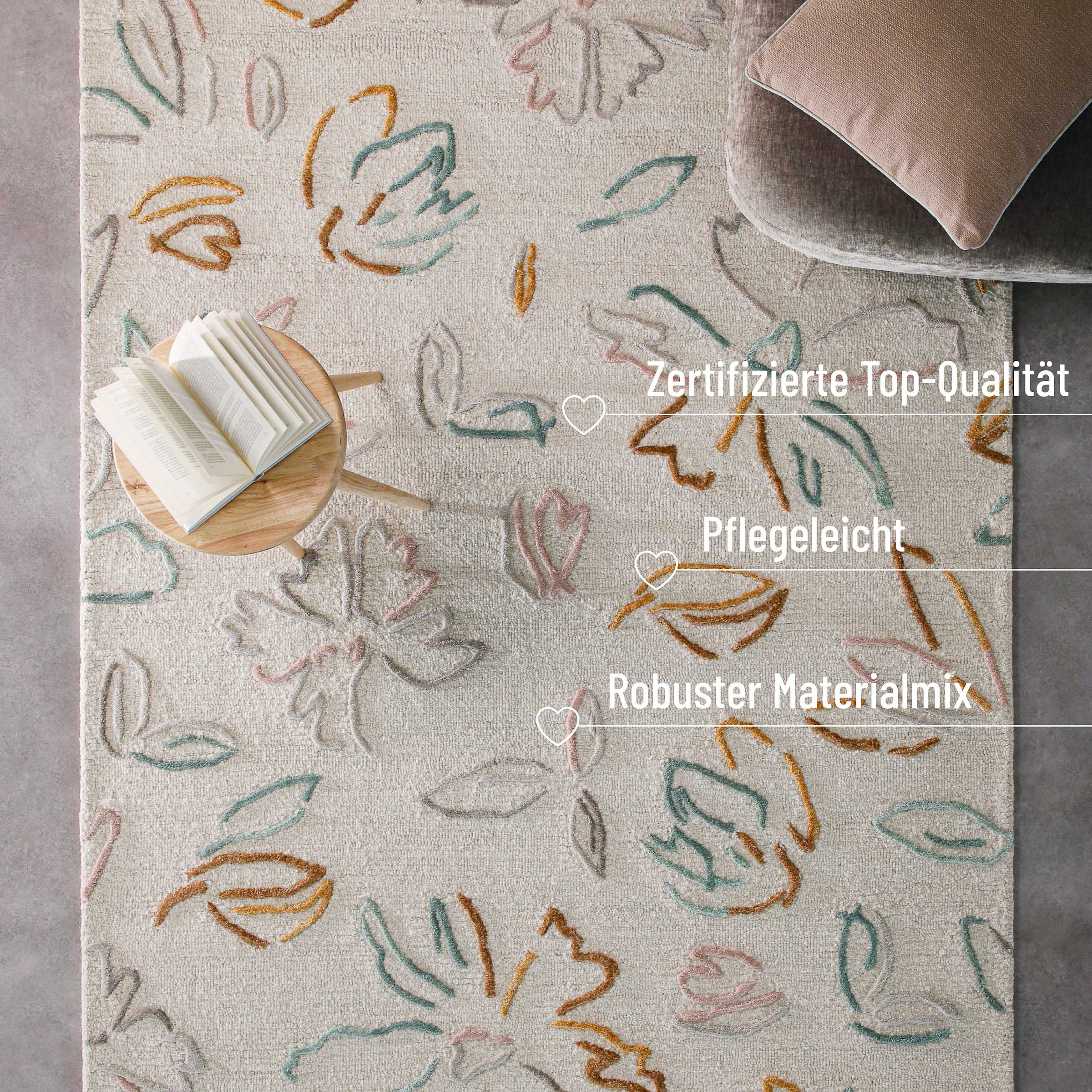 Wecon home Tapis »Vee« Rectangulaire 10 mm Höhe Wollteppich, floral, hochwertig, pflegeleicht, modern, handgetuftet