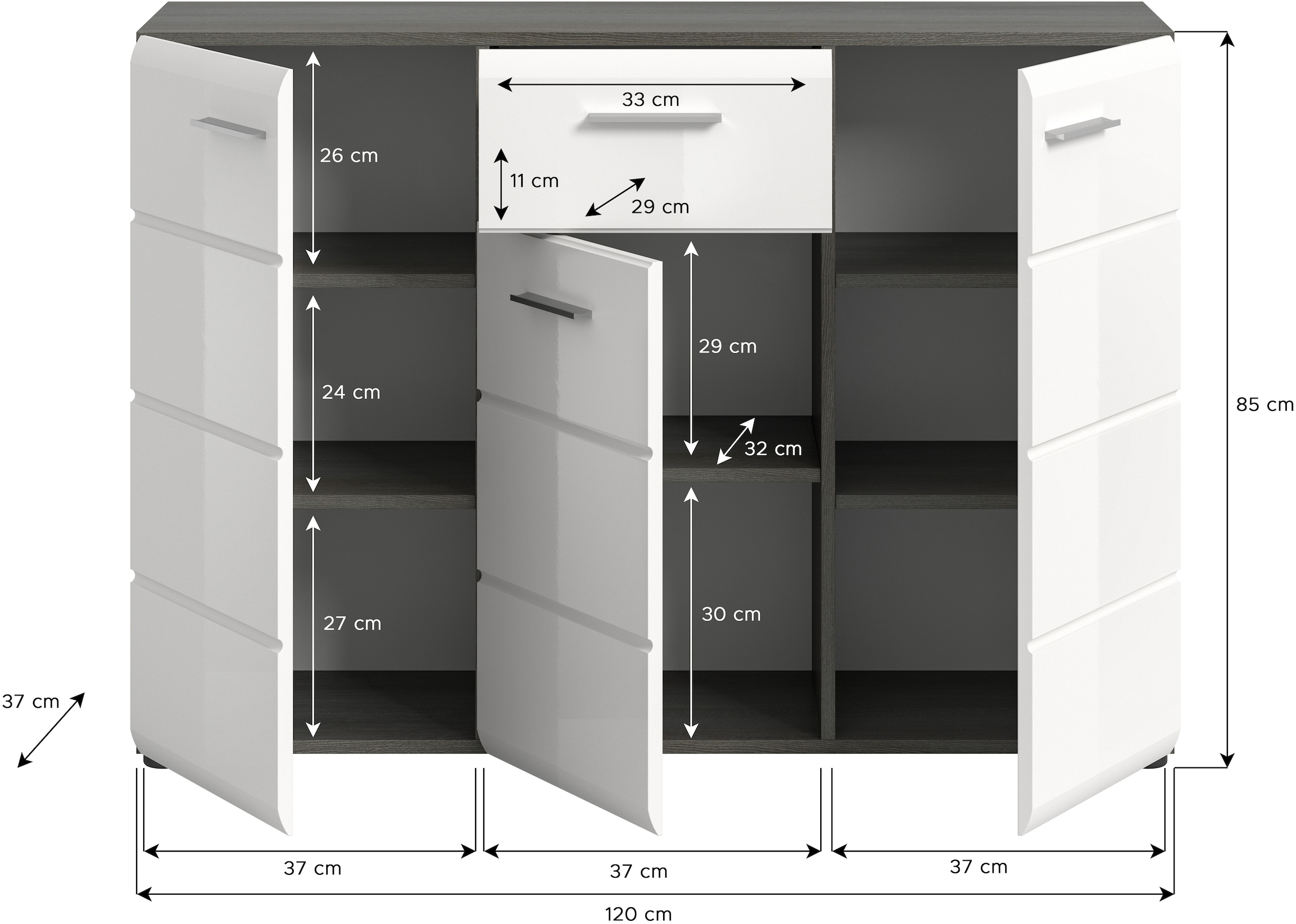 Home affaire Sideboard »Rumba, Breite 120cm, in Rauchsilber Nachbildung/Weiss Hochglanz« Kommode, Sideboard, Schrank