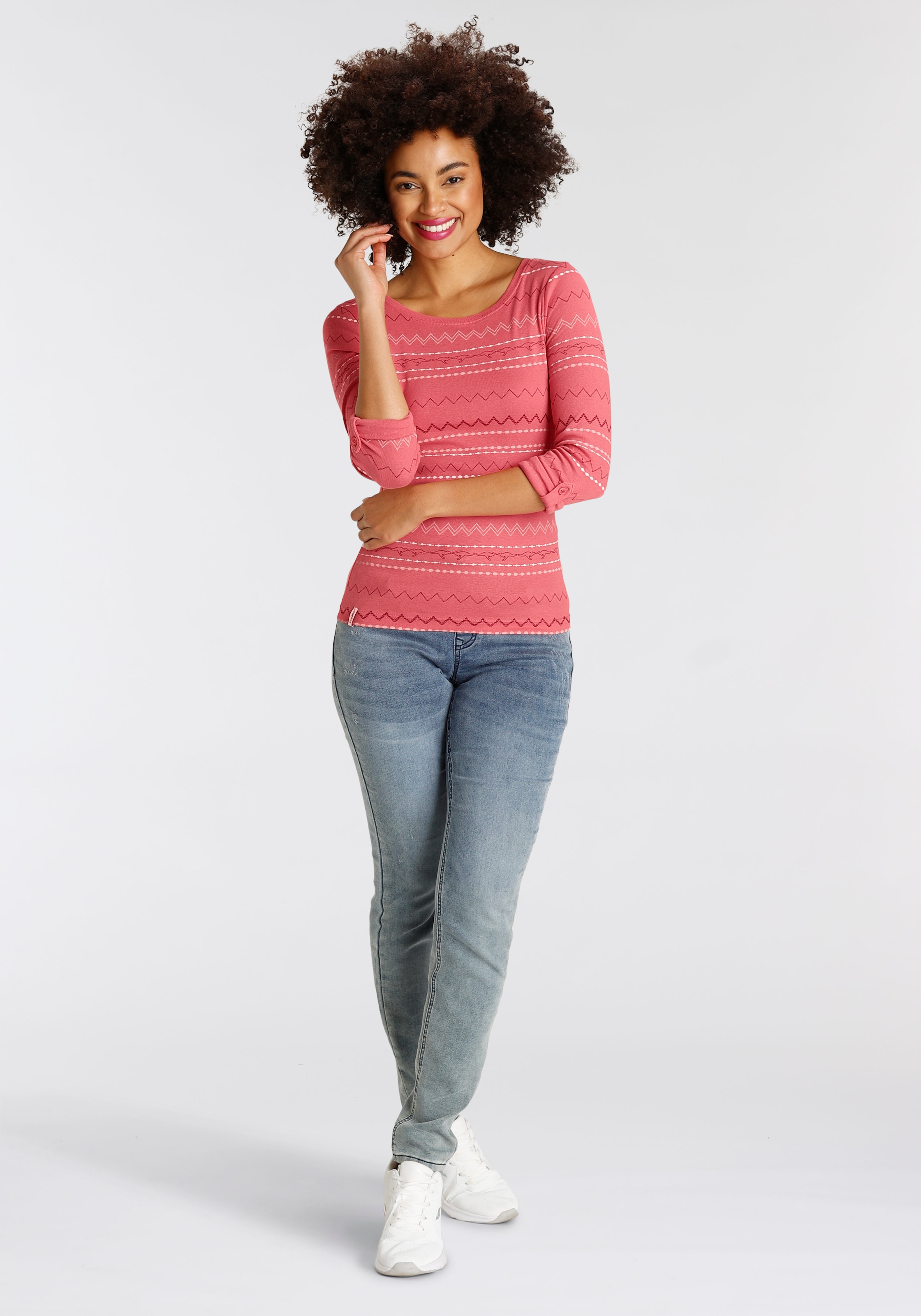 KangaROOS T-shirt à manches longues sehr figurbetonte Passform,  mit Zick-Zack-Muster,  aus 100% Baumwolle