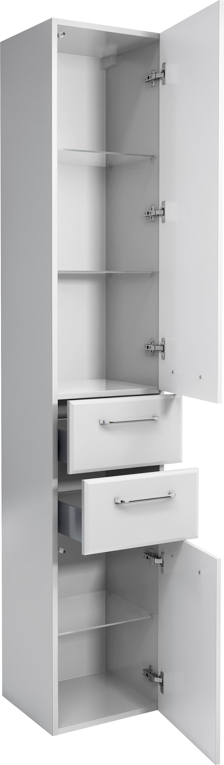 Saphir Armoire haute »Quickset Badschrank 35 cm breit, 2 Türen, 2 Schubladen, 3 Einlegeböden« armoire haute de salle de bain avec amortisseur de porte, poignées chrome brillant