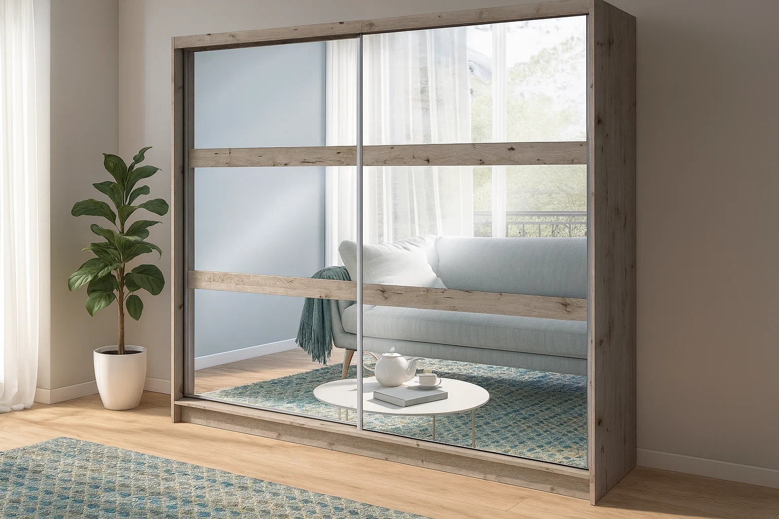 Home affaire Armoires à vêtements »PRESSAC mit viel Stauraum, 10 Fächer, 2 Kleiderstangen, Breite 230cm« Garderobe mit 2 Schiebetüren und Spiegel, Masse B/T/H: 230/62/215 cm