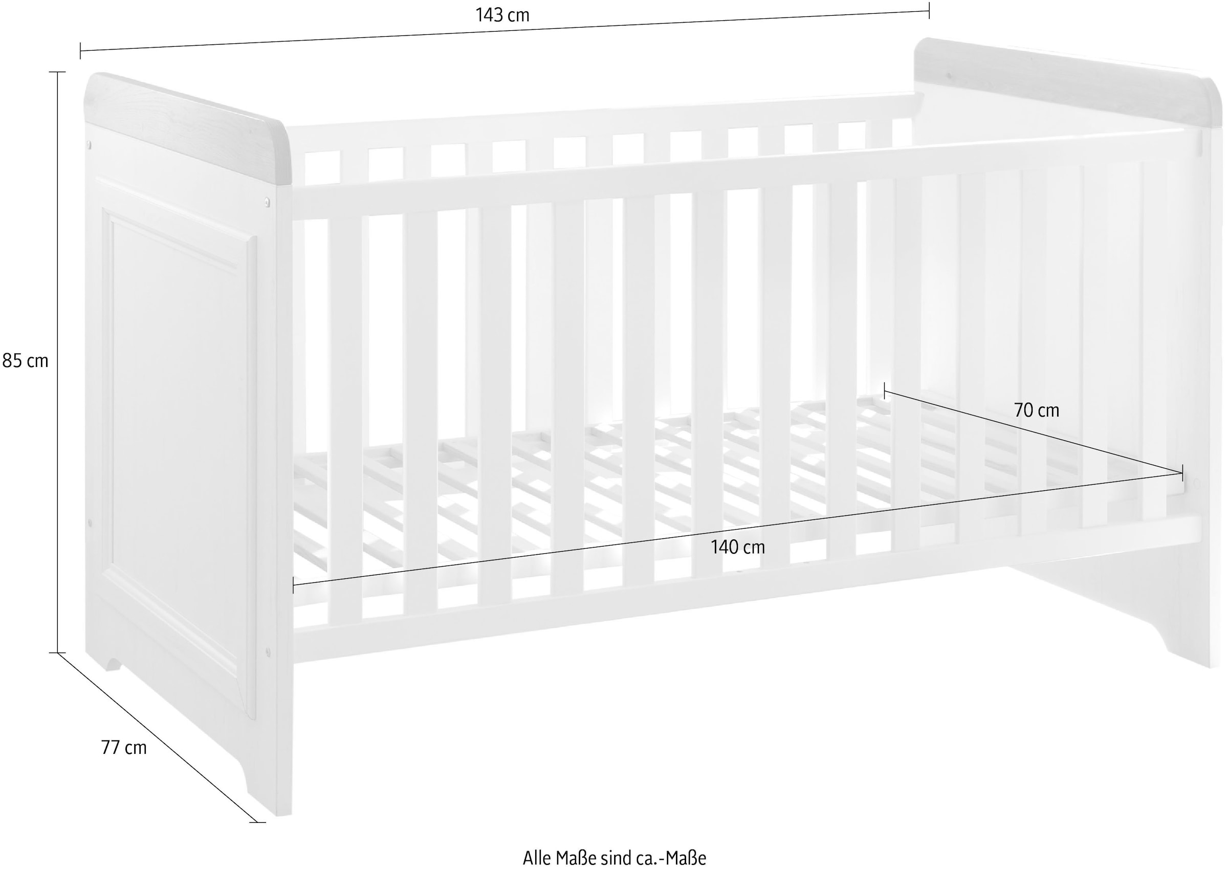 Begabino Lit bébé »Jasmin passend zum Babyzimmer« 70x140 cm inclu cadre à lattes, style maison de campagne avec 3 barreaux coulissants